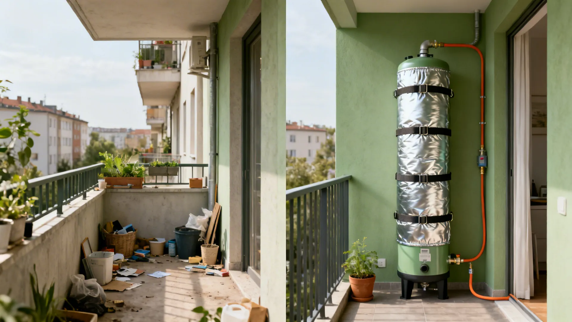 Before-and-after of a small balcony transformed with a slim vertical biodigester and tidy gas line.