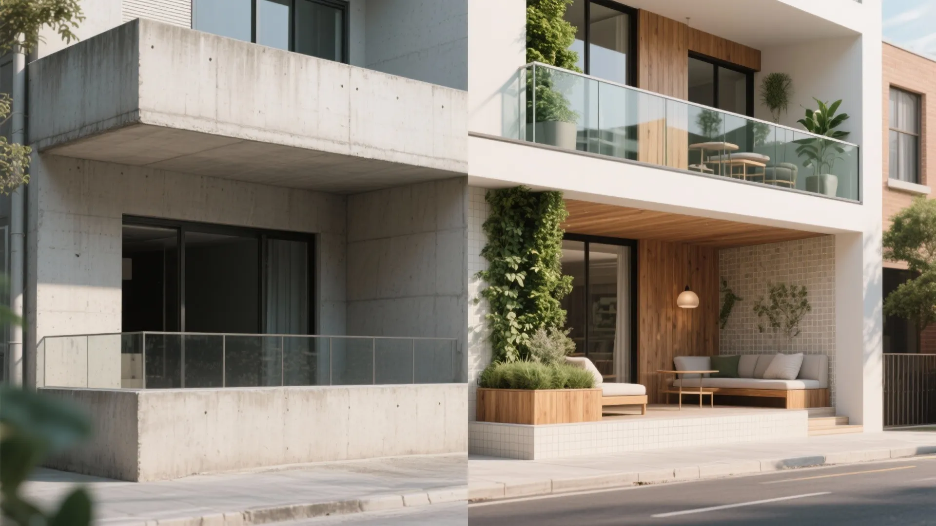 Before and after comparison of a concrete balcony transformed into a modern furnished outdoor terrace