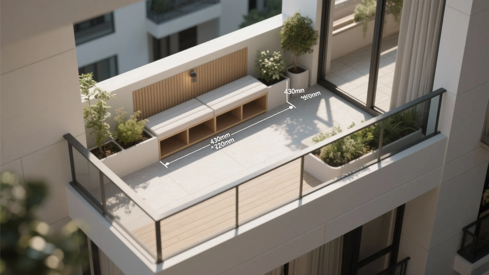 Top-down balcony plan showing storage bench and planter zones.