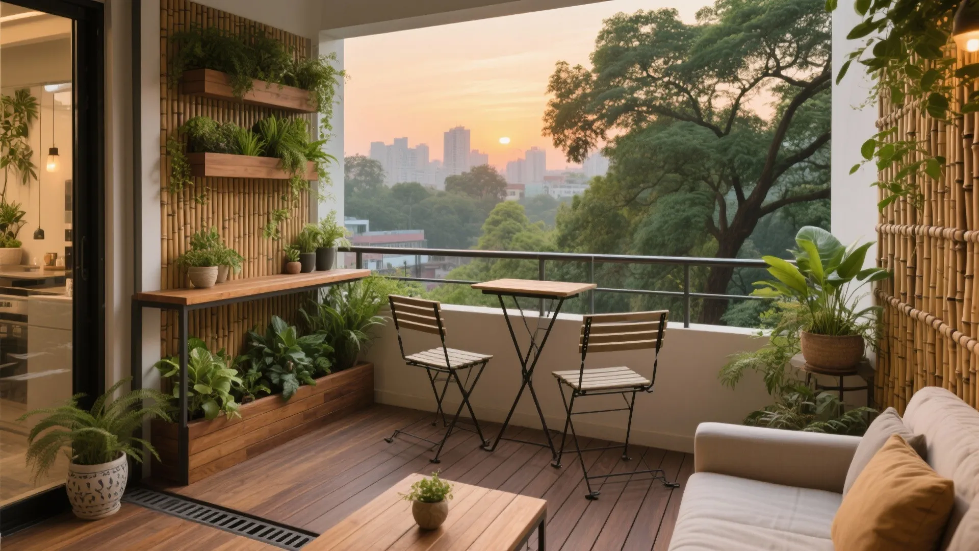 Balcony as a biophilic retreat: slim decking, planters, and foldaway seating