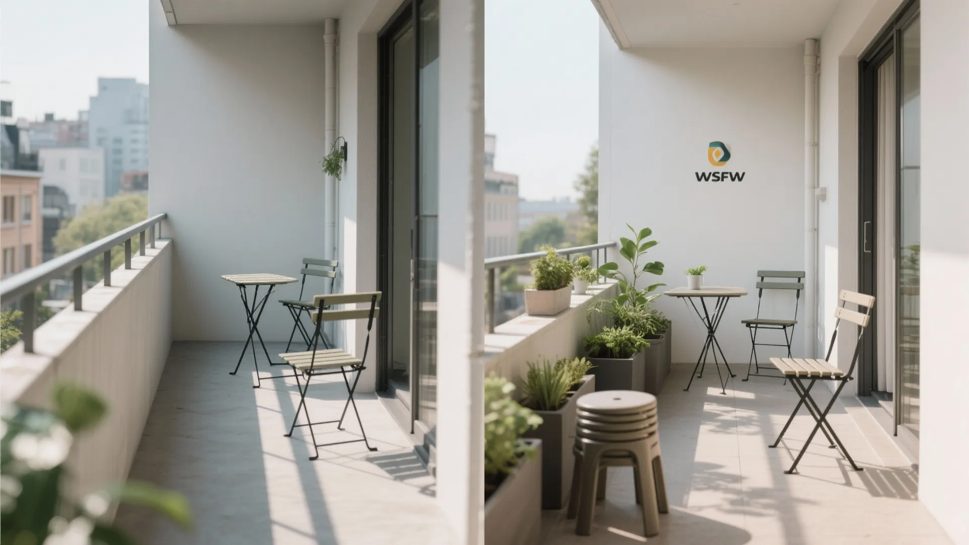 Before-and-after of a tiny balcony transformed with a folding bistro set and slim planters.