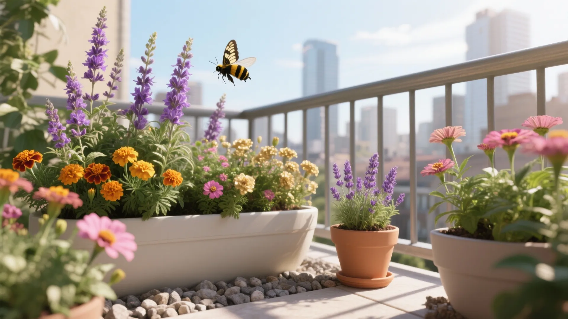 Colorful balcony planters with salvia, marigolds, and zinnias attracting a bee and a butterfly in bright sun.