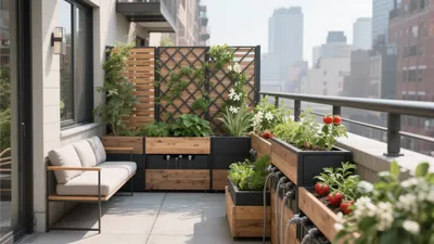 Urban Balcony Garden with Modern Seating & Vertical Greenery