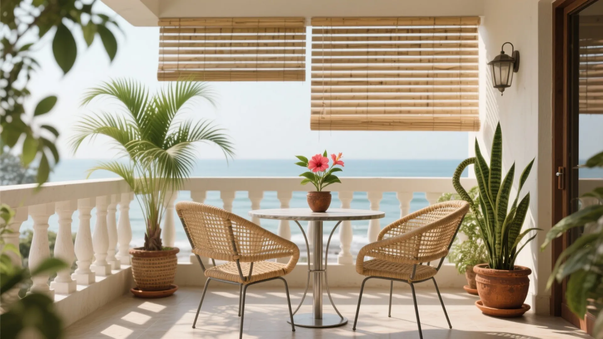Sunny balcony with woven chairs, small round table, potted plants, bamboo blinds, and ocean view