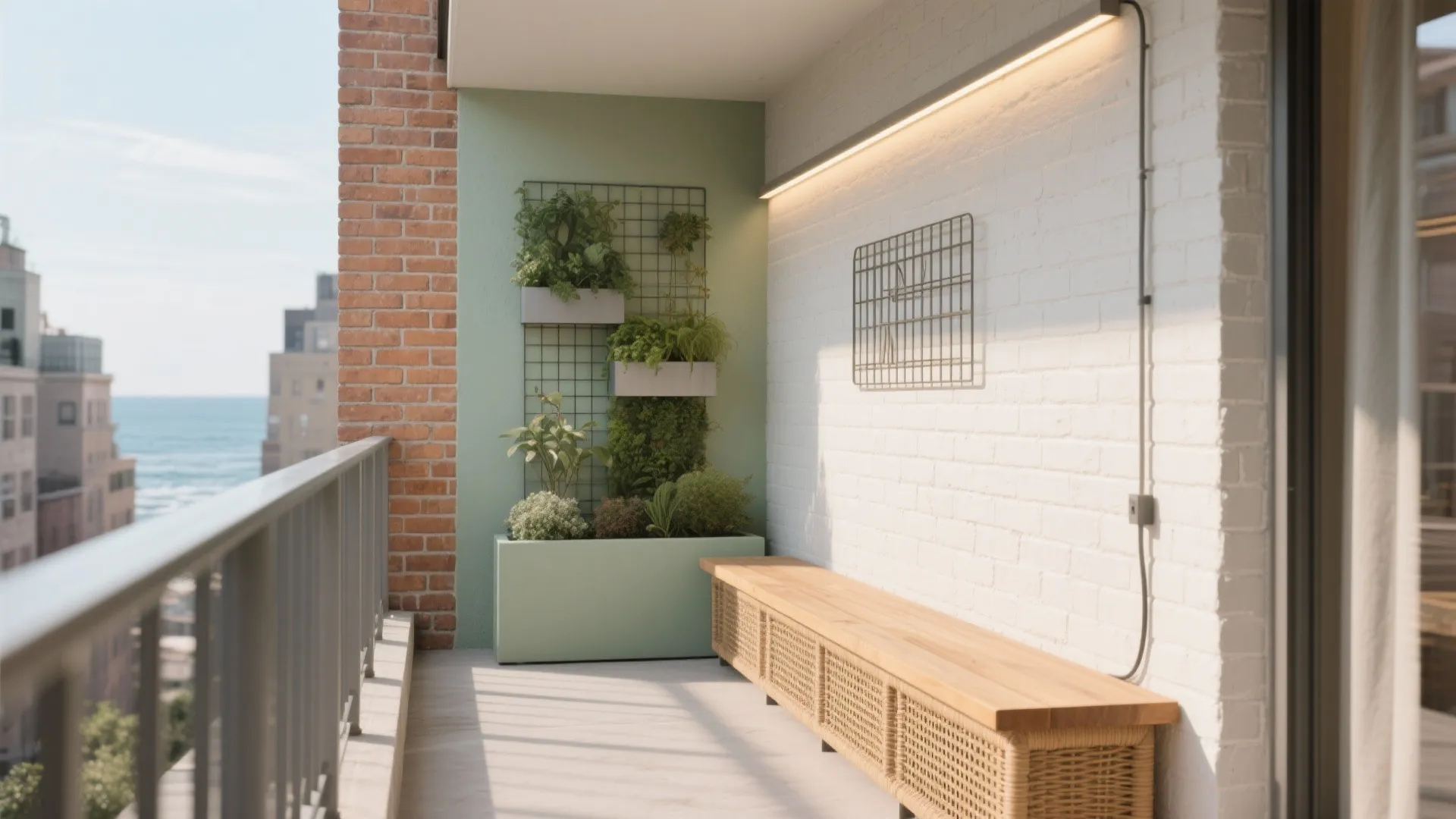 Modern balcony with long wooden bench green wall vertical garden white brick and light fixture