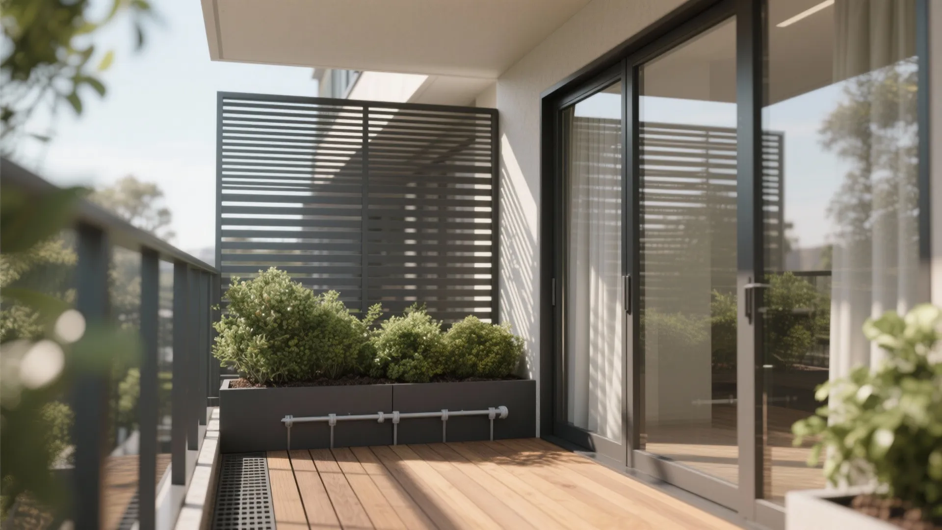 Outdoor balcony featuring wood floor glass sliding doors privacy screen and green plants in black pots