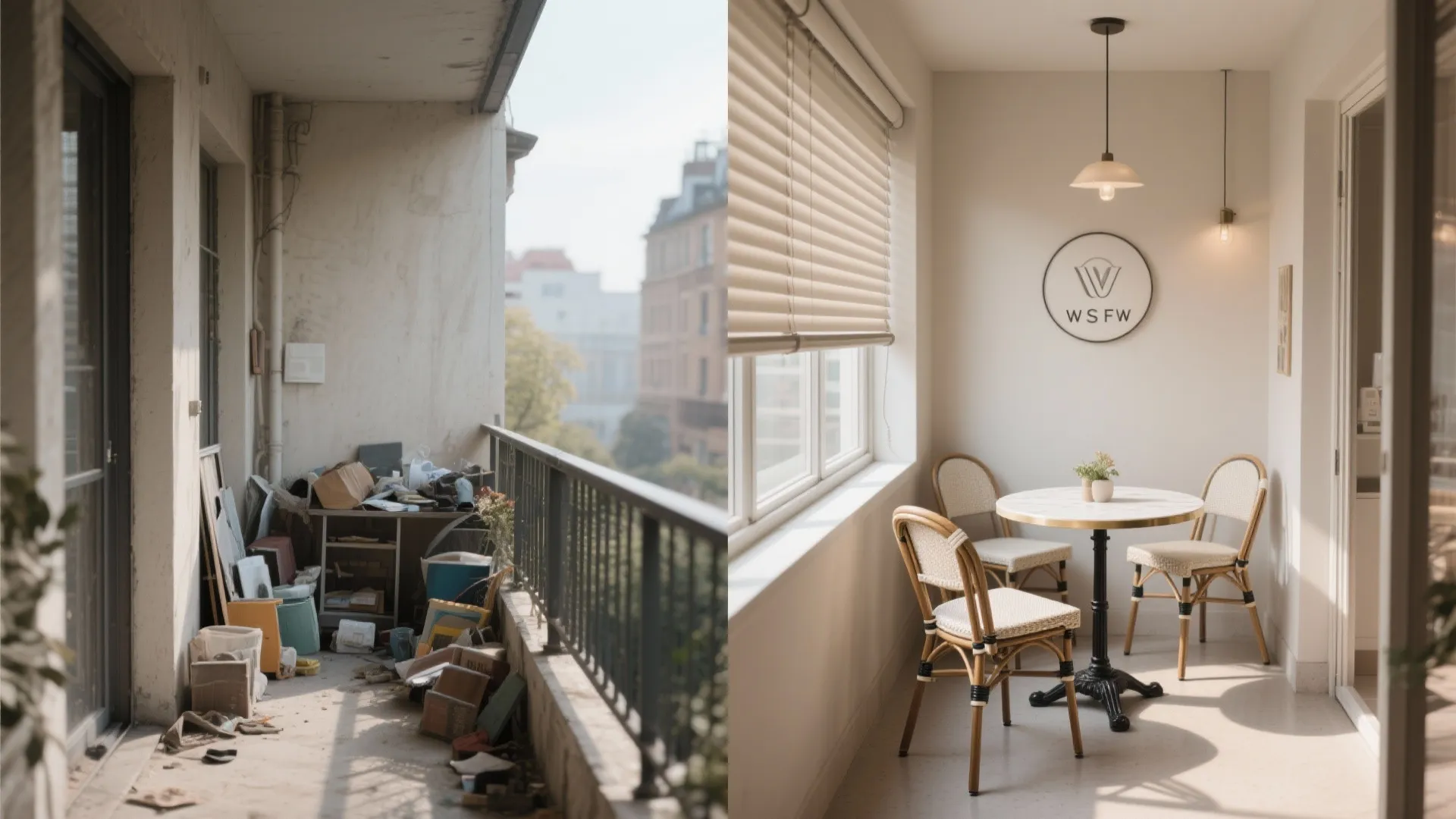Before and after comparison of a messy cluttered balcony versus a clean cafe style balcony