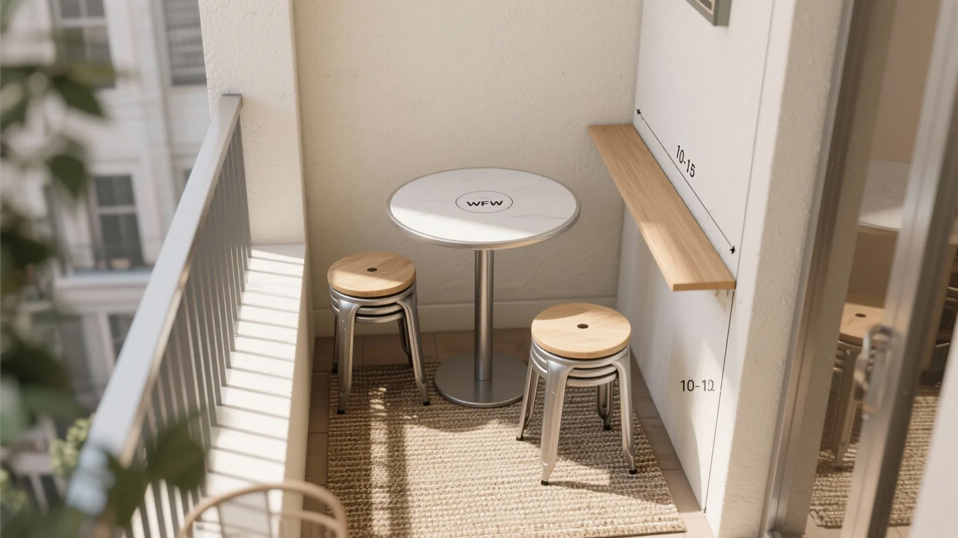 Top-down view of semicircle table layout with stools and narrow wall shelf.