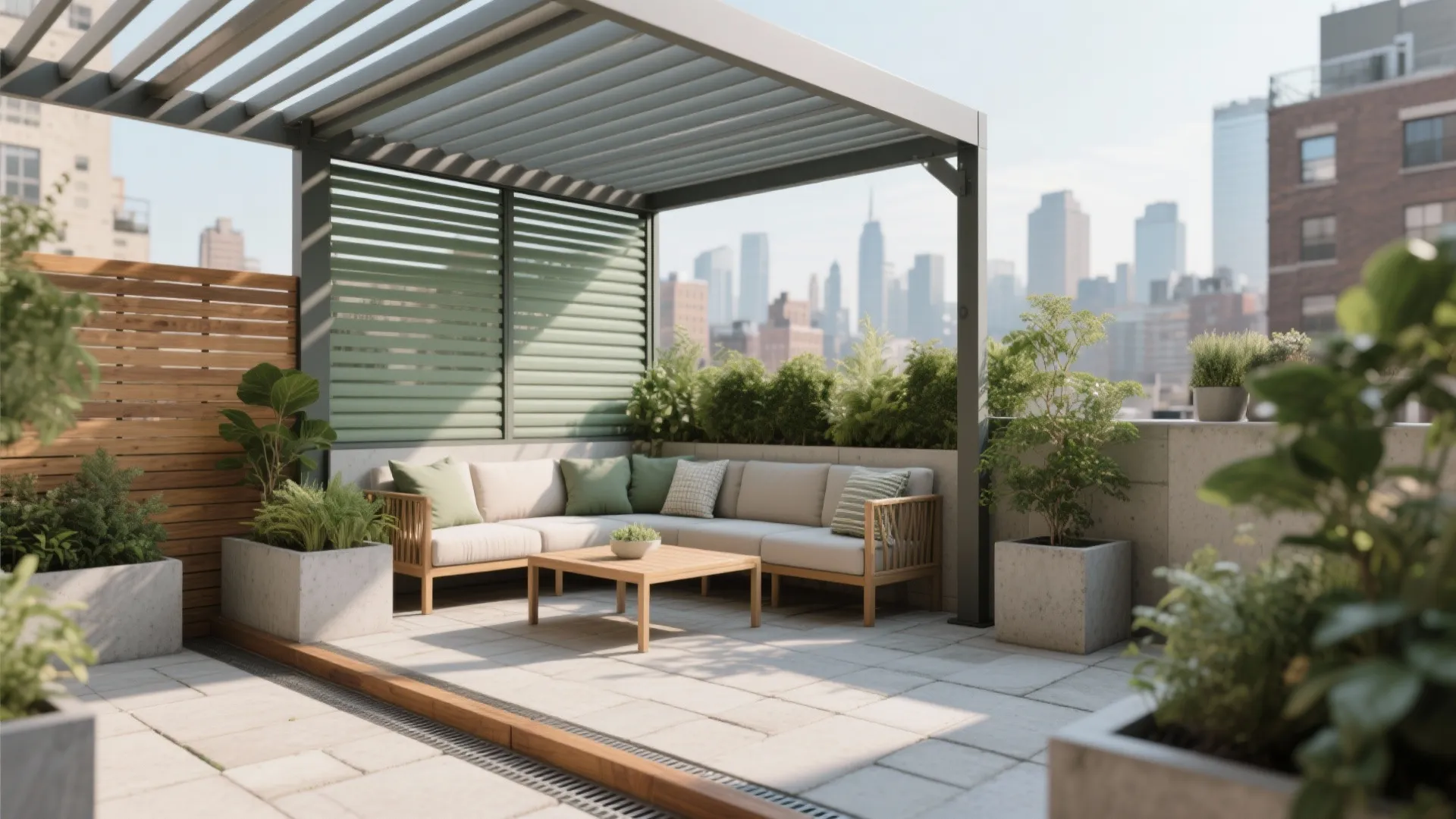 Modern rooftop terrace featuring grey sofa, wooden table, metal canopy, potted plants, and city view