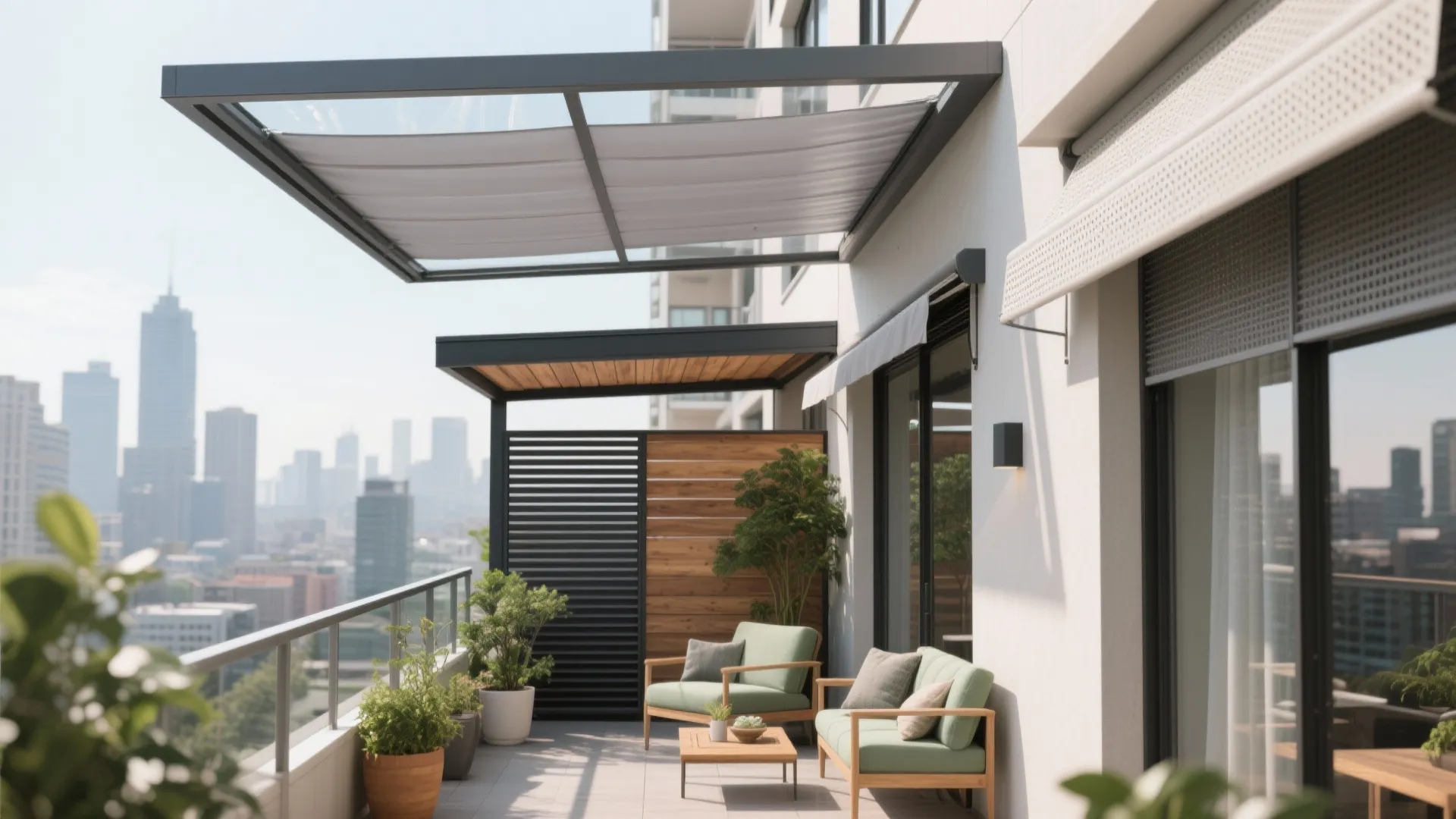 Modern balcony with grey sofa green chairs small table plants and sun shade over city view