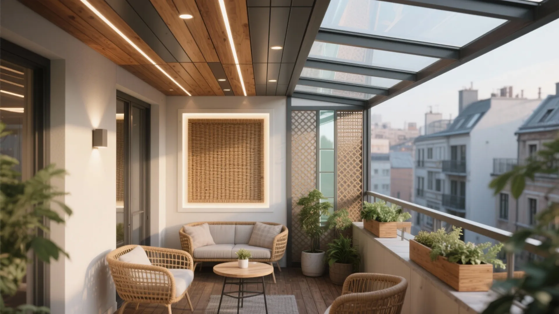 Modern balcony with glass roof wooden ceiling light fixtures rattan sofa and many green potted plants