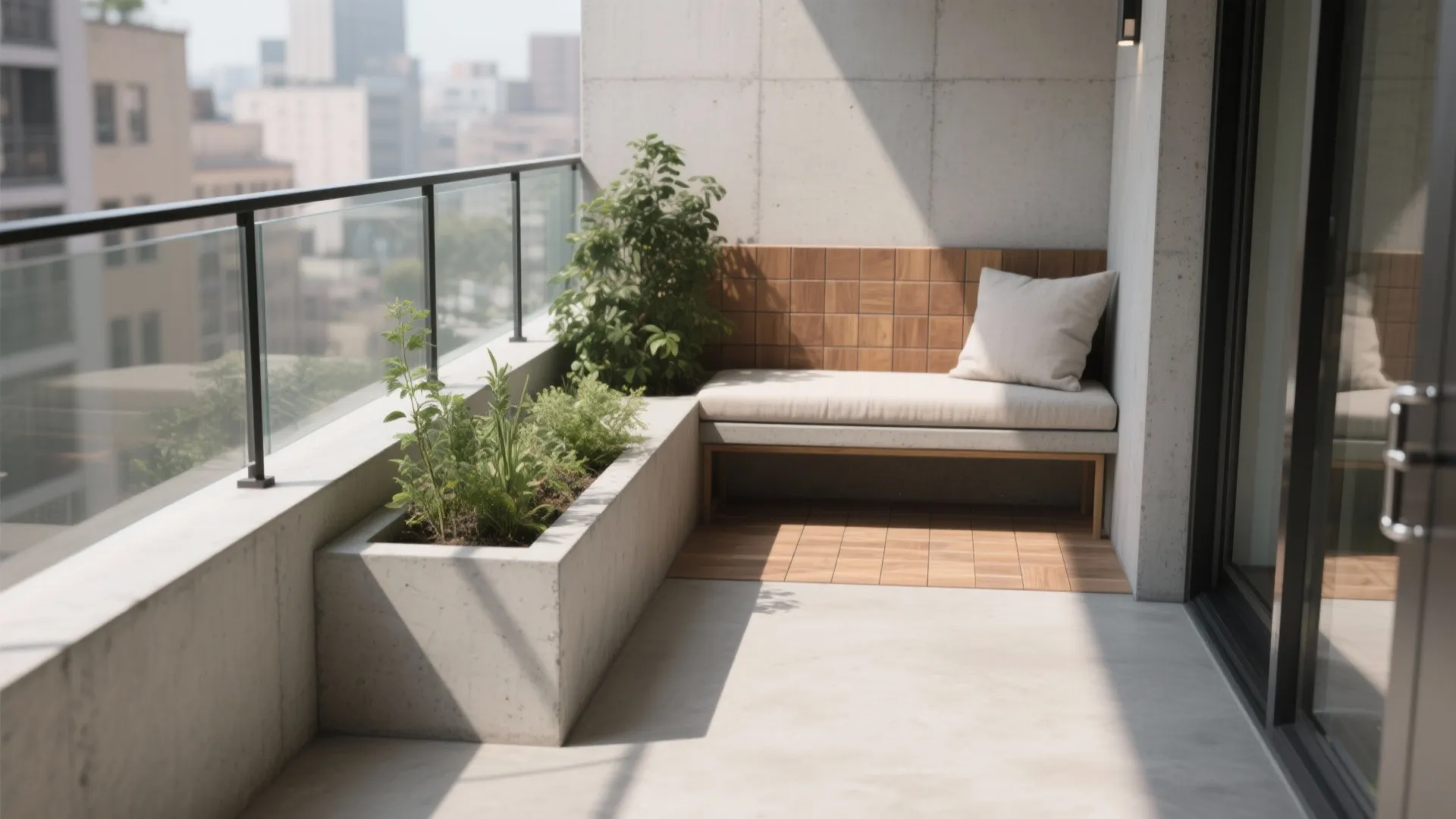 Modern balcony featuring concrete wall wooden bench white pillow green plants and city view railing