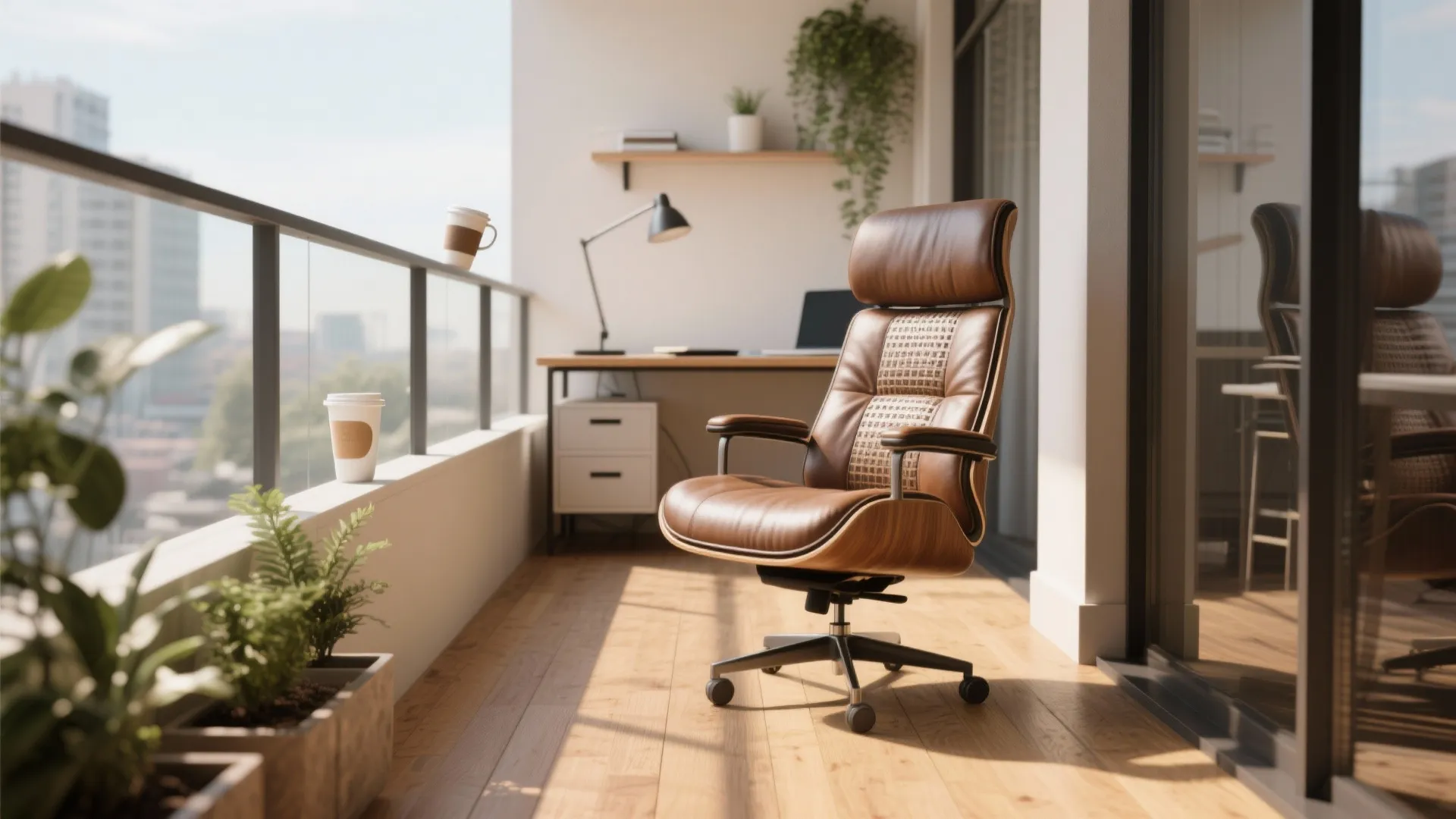 Brown leather chair on a sunny balcony overlooking city buildings with plants and wood flooring