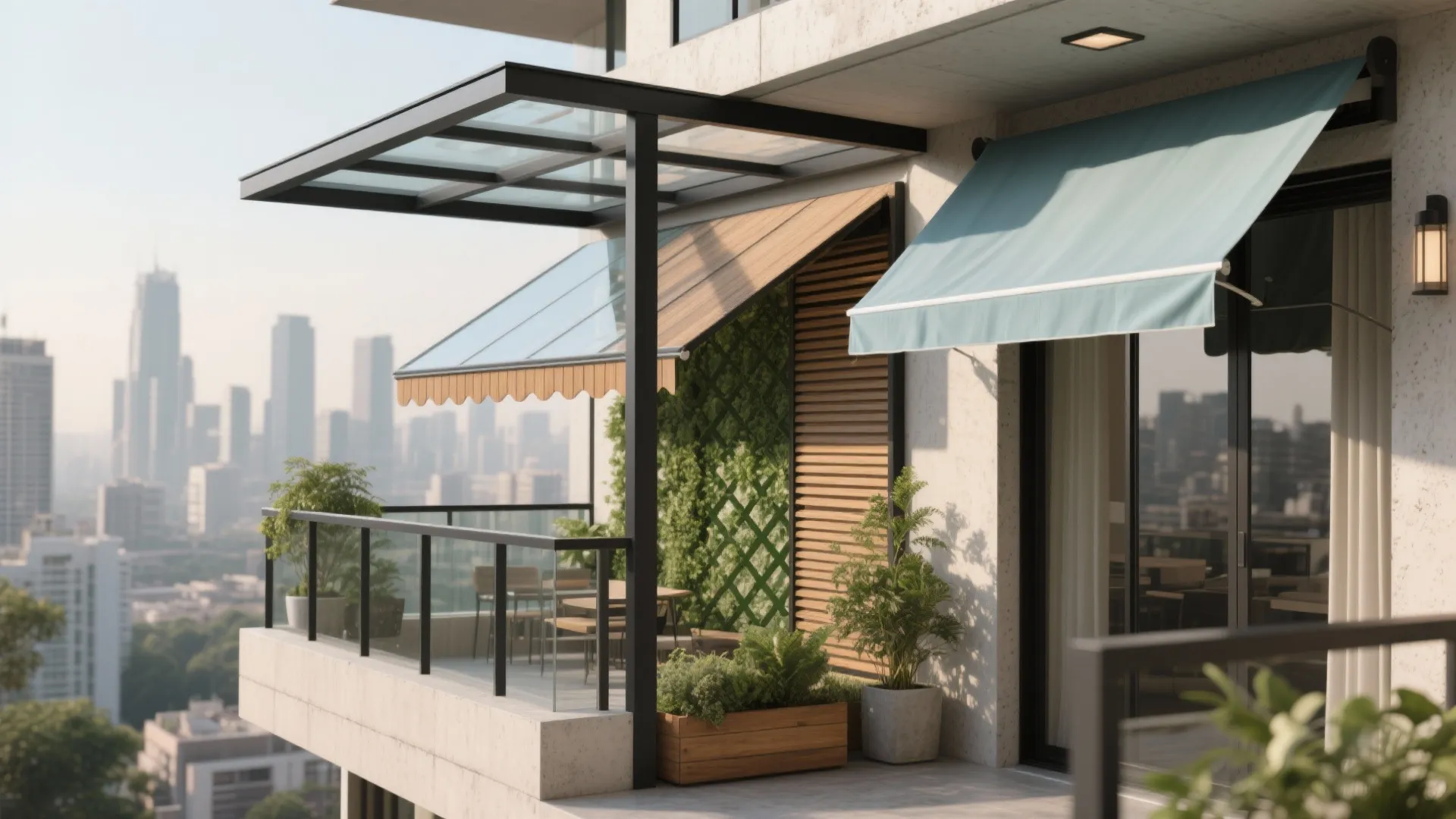 Modern balcony featuring a glass roof shelter blue retractable awning outdoor seating and city view