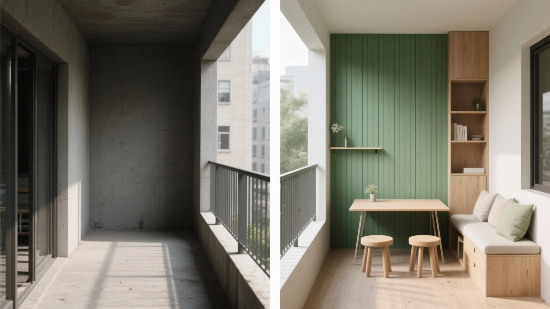 Before and after comparison of empty concrete balcony versus finished space with green wooden wall panel