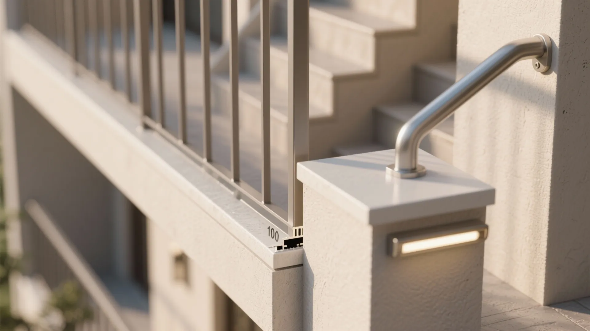 Close-up of balcony safety details including guarded openings, shielded step lights, and smooth handrail brackets.