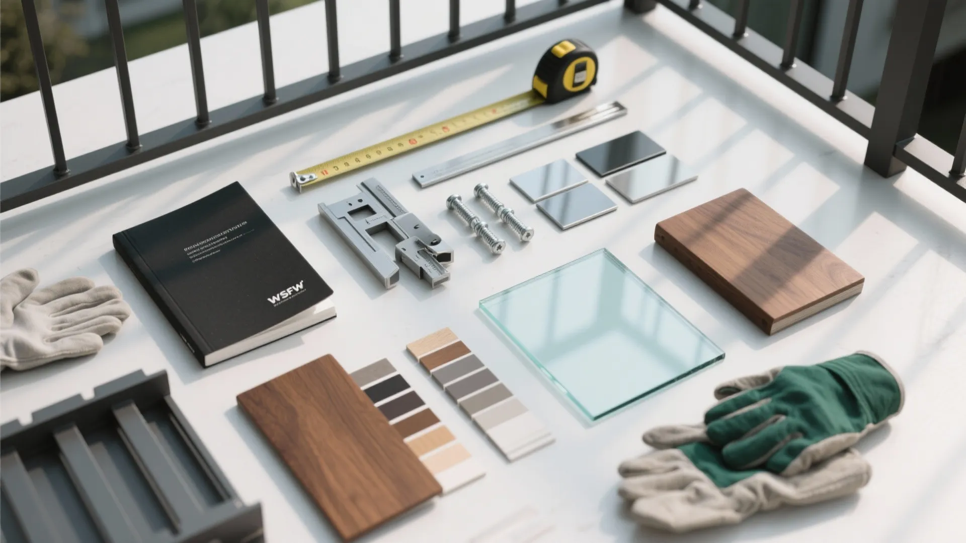 Collection of renovation materials including measuring tape wood samples glass and work gloves on balcony