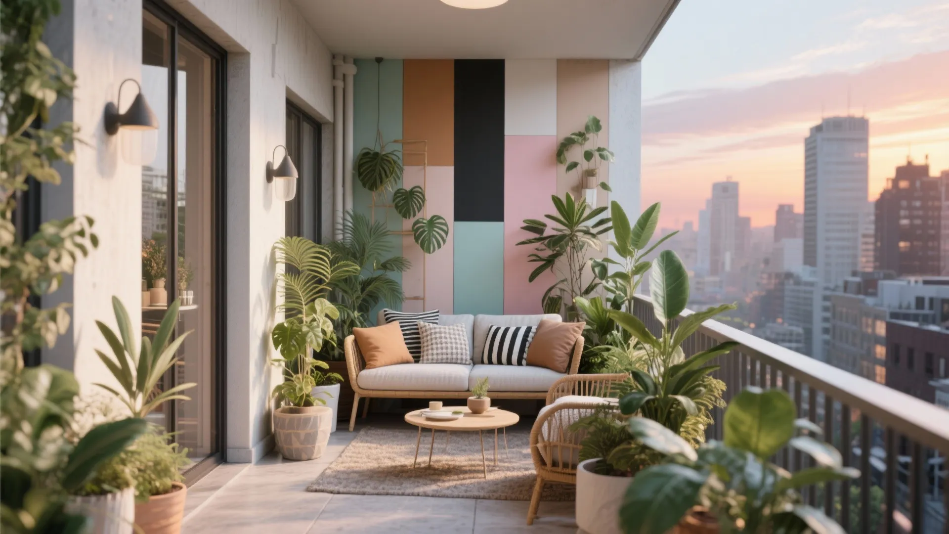 Modern balcony with colorful geometric wall panels white sofa green potted plants and small table
