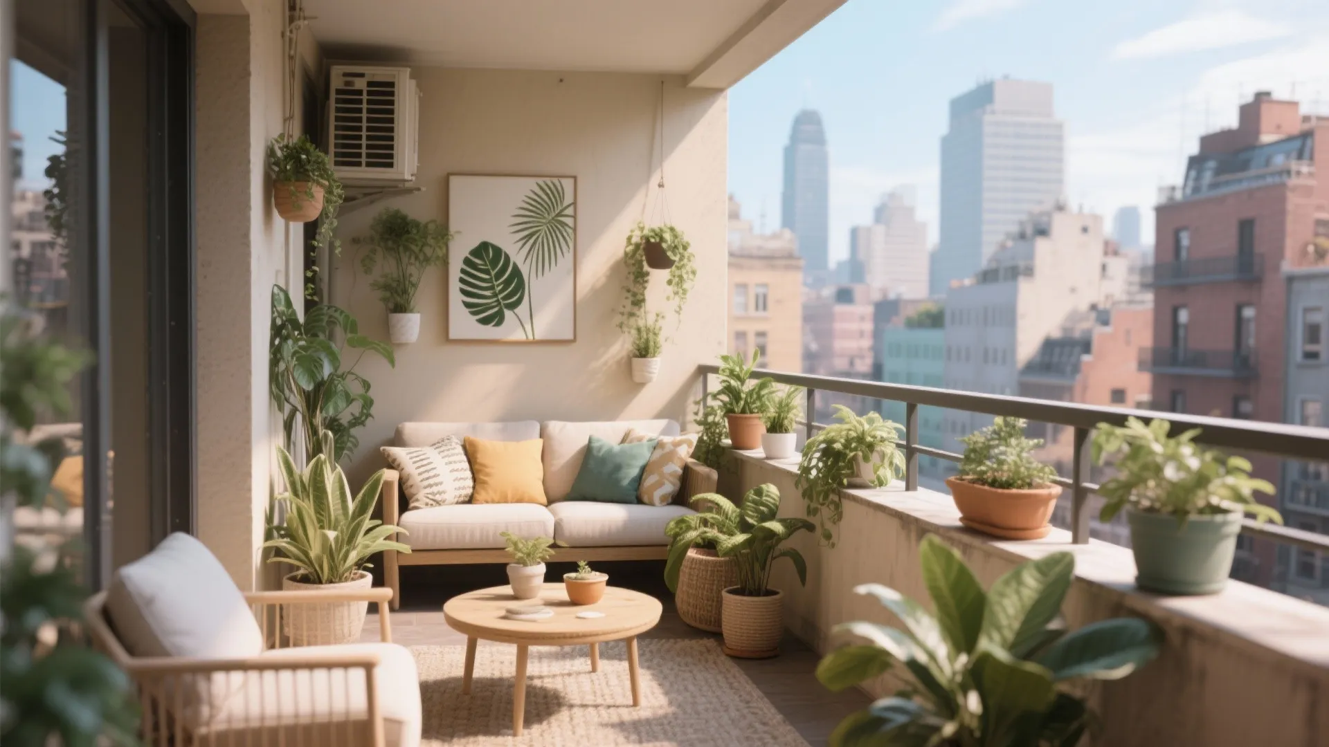 Small balcony with beige sofa colorful pillows potted plants round wooden table and city view