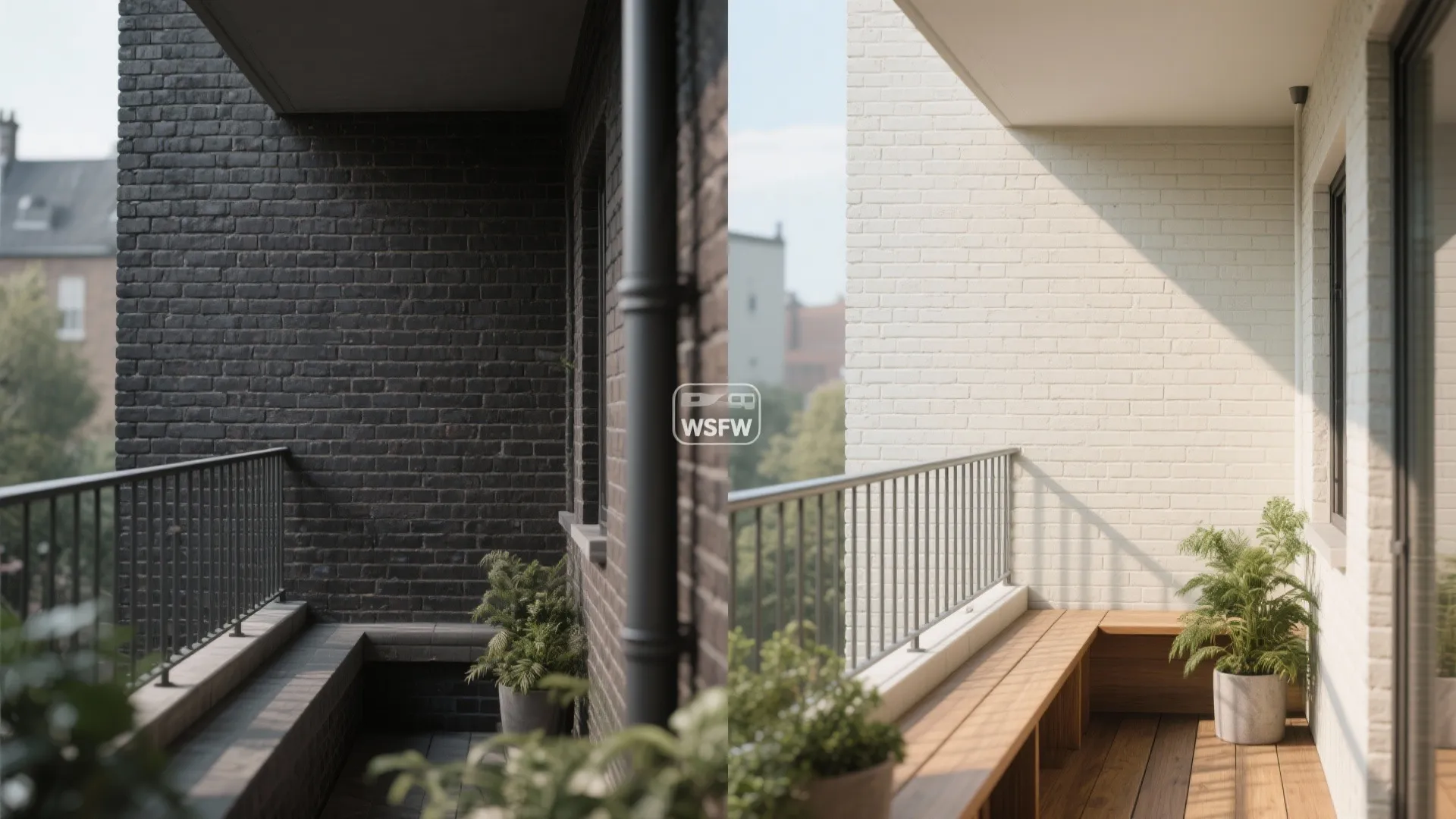Before and after comparison of dark brick balcony transformed into bright white brick with wood