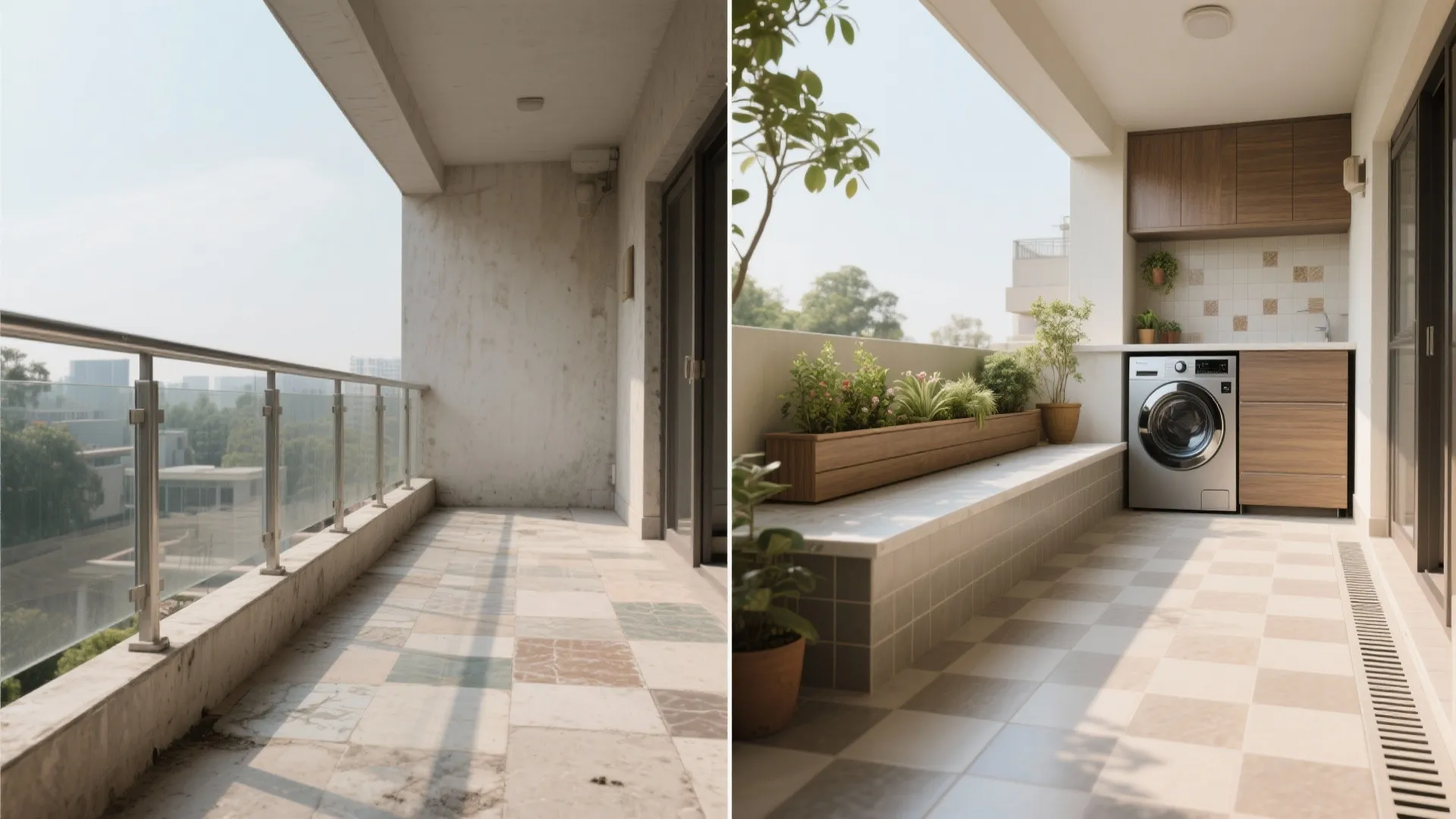 Balcony–utility: green pocket plus laundry stack