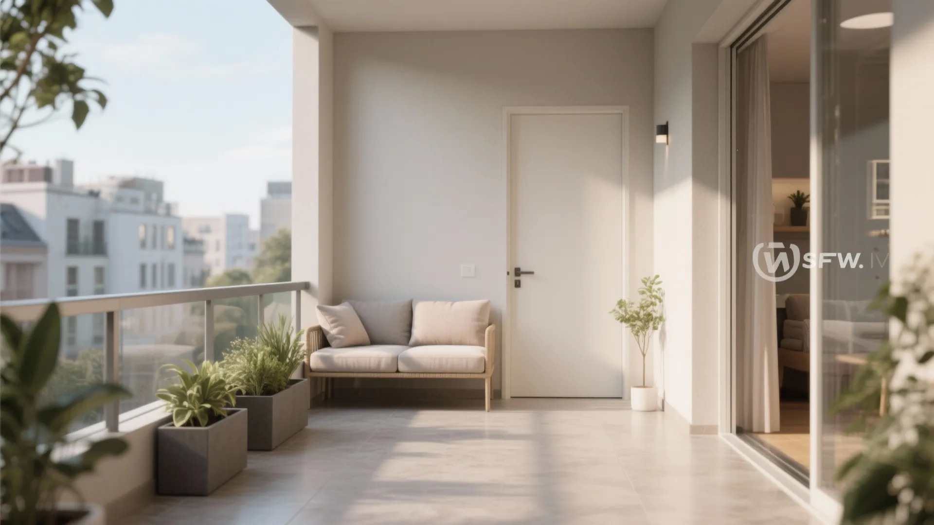 Small balcony with unified floor finish, seating, and planters in soft daylight.