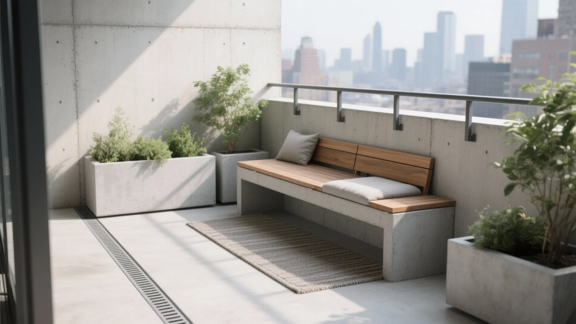 Modern balcony with concrete bench, wooden seat, grey rug, and planters with green leafy plants