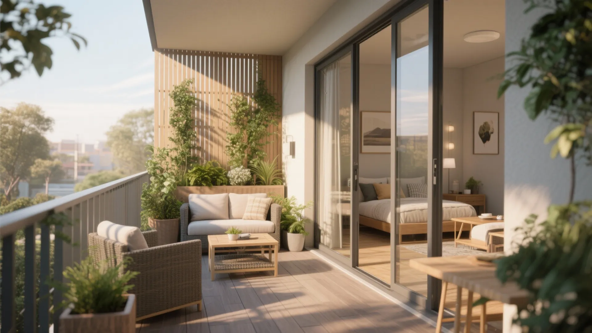 Small apartment balcony with outdoor sofa wooden coffee table plants and sliding glass bedroom doors