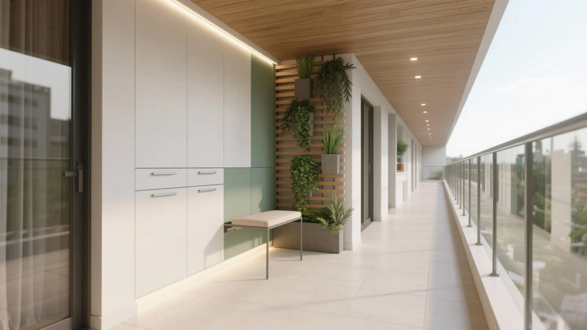 White balcony storage cabinet with a small bench and vertical garden on a wooden wall panel