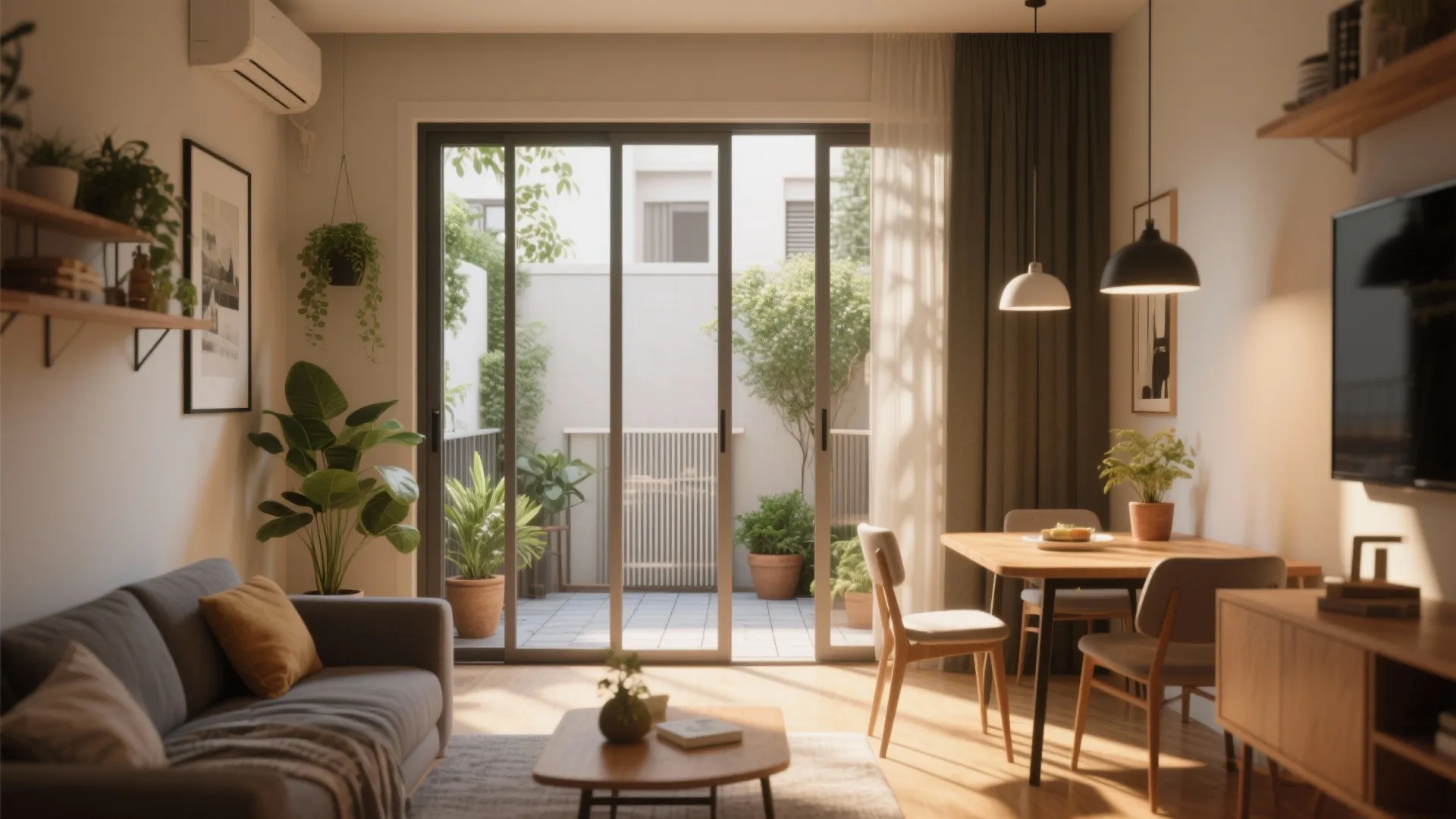 Bright living area with glass sliding doors opening onto a small balcony with green plants