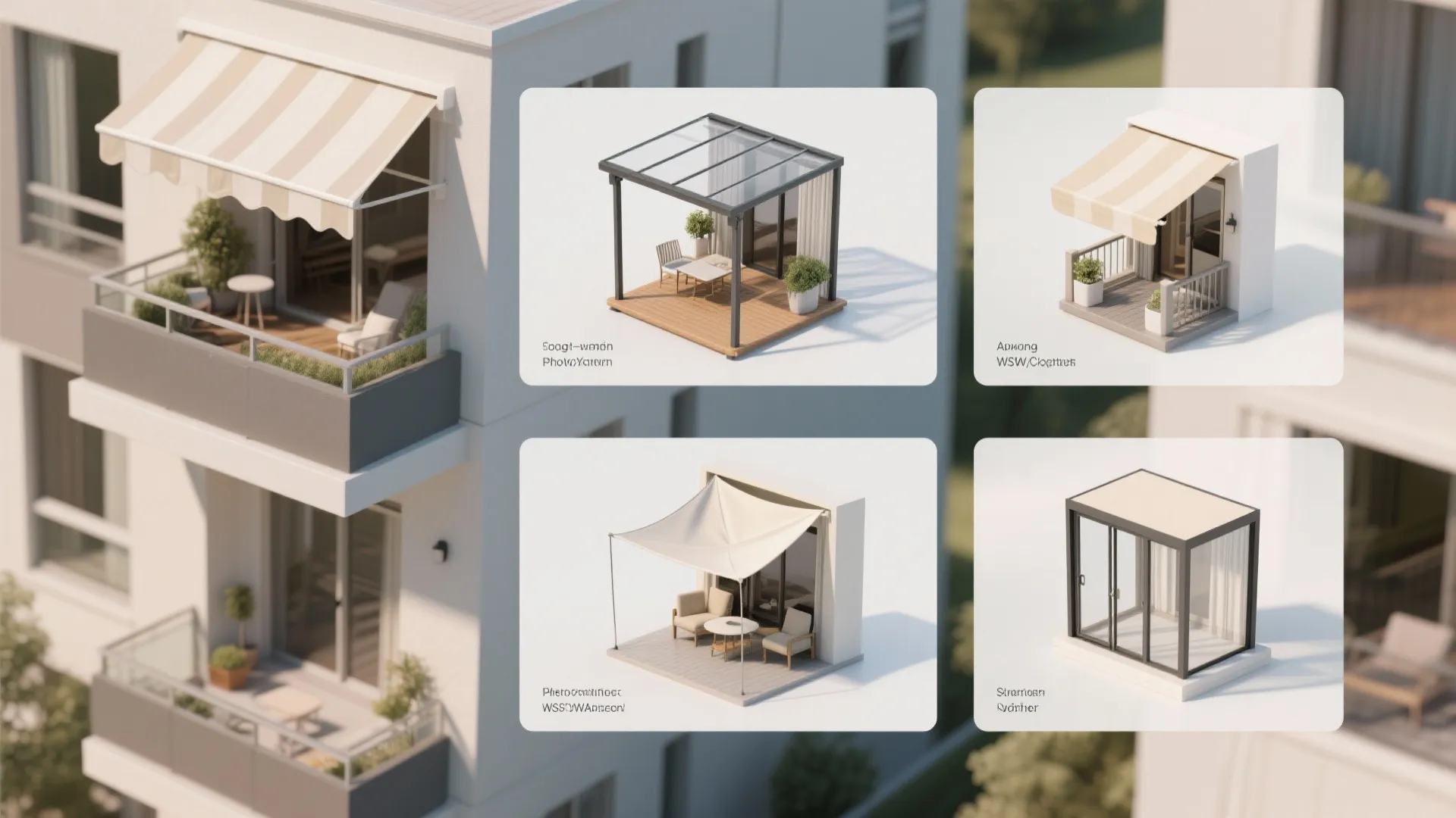 Top-down comparison of awning, canopy, pergola, shade sails, and glass enclosure mini setups.