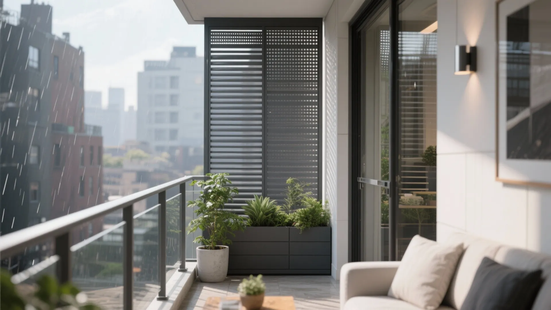 Modern balcony with rain protection screen white sofa green potted plants and city view outside