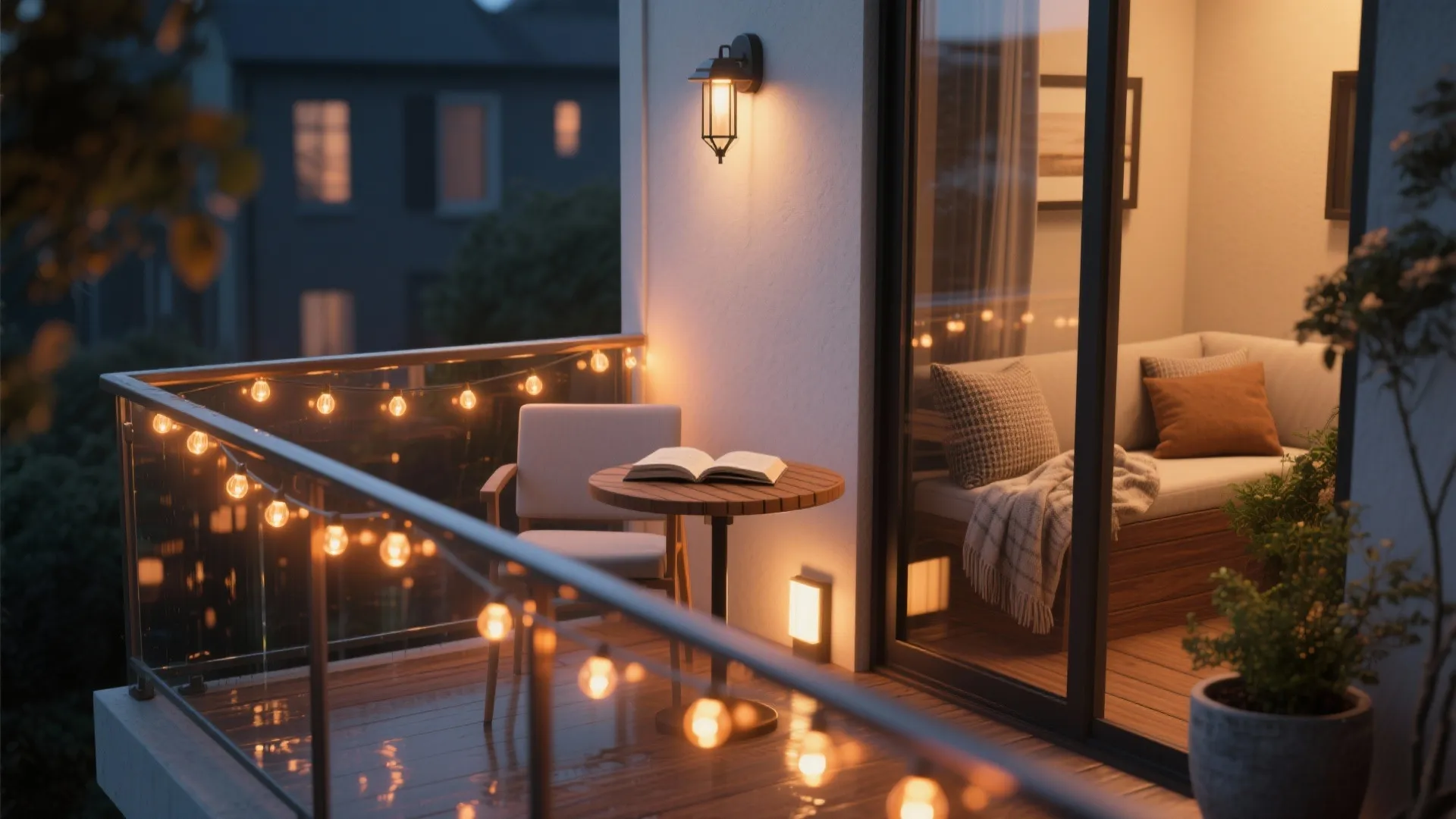 Cozy balcony at night with string lights wooden table chair book and warm wall light