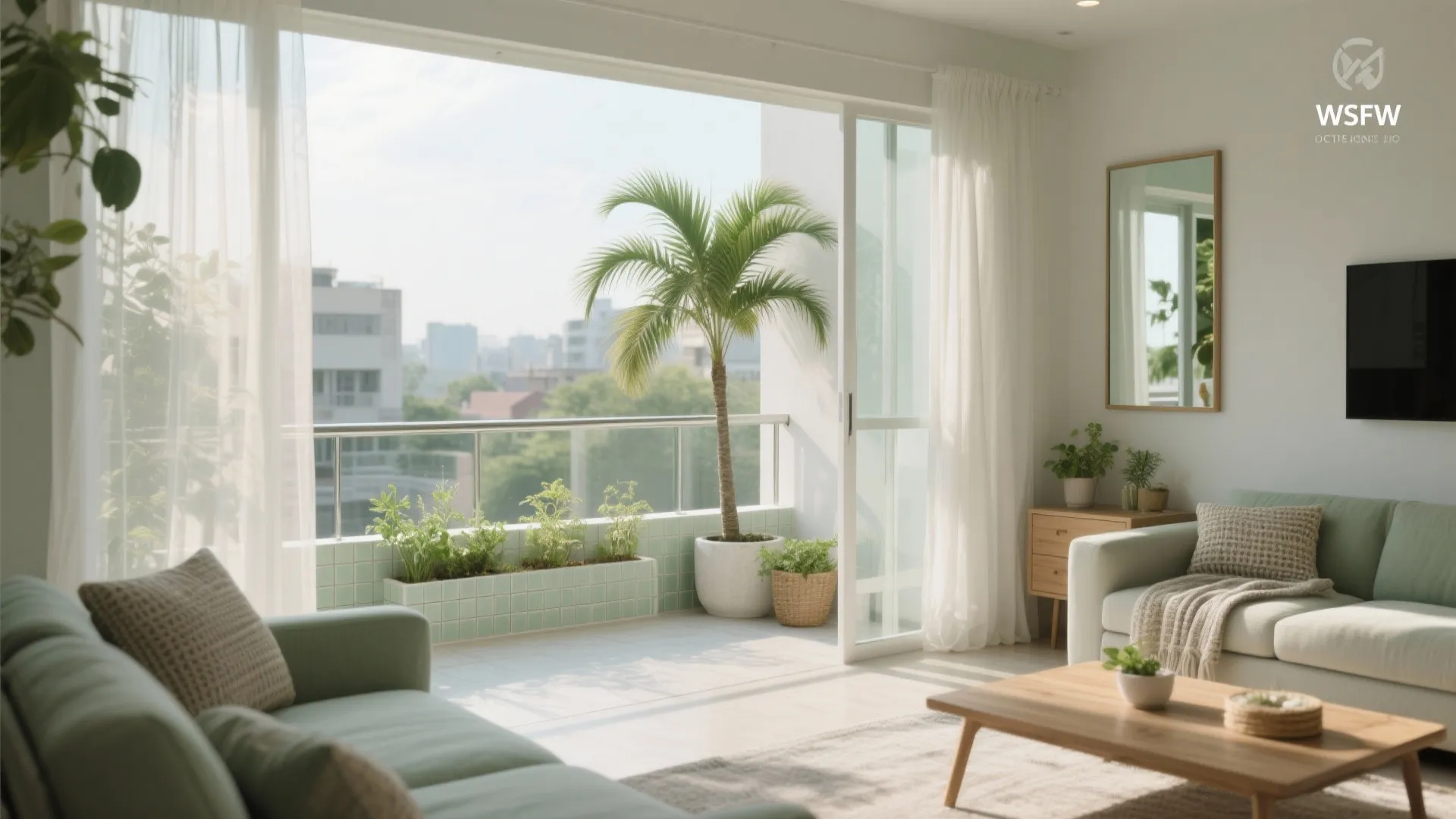 Balcony biophilia with low planters and sheer curtains bringing morning daylight into the living room of a Pune 3 BHK.