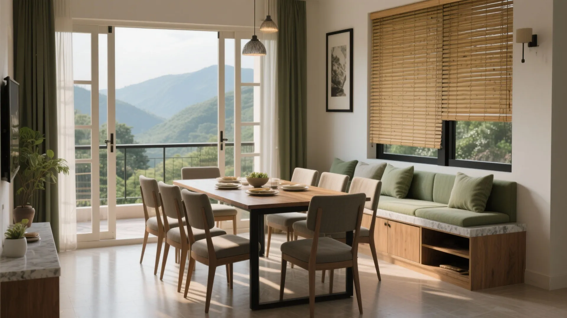 Balcony-to-dining integration with flexible seating