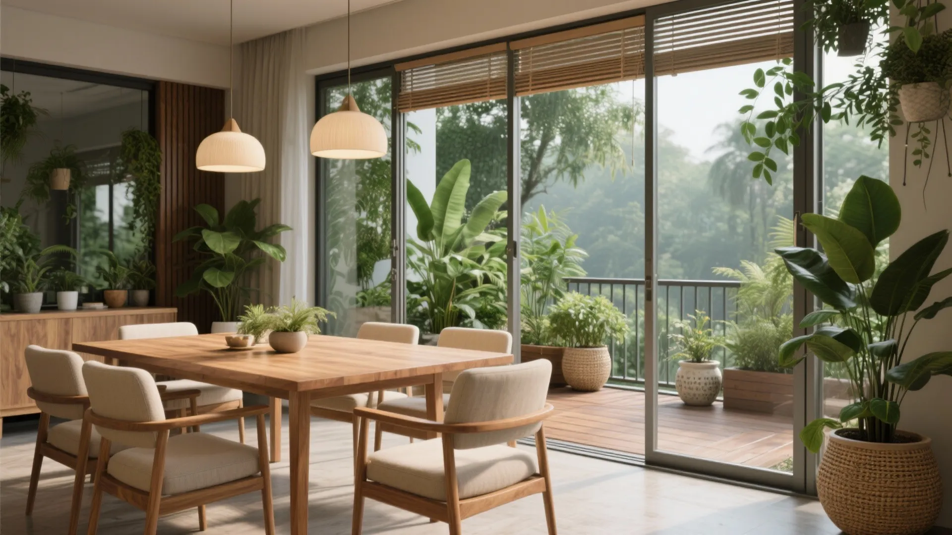 Balcony-to-Dining Flow With Light, Greens, and Glass