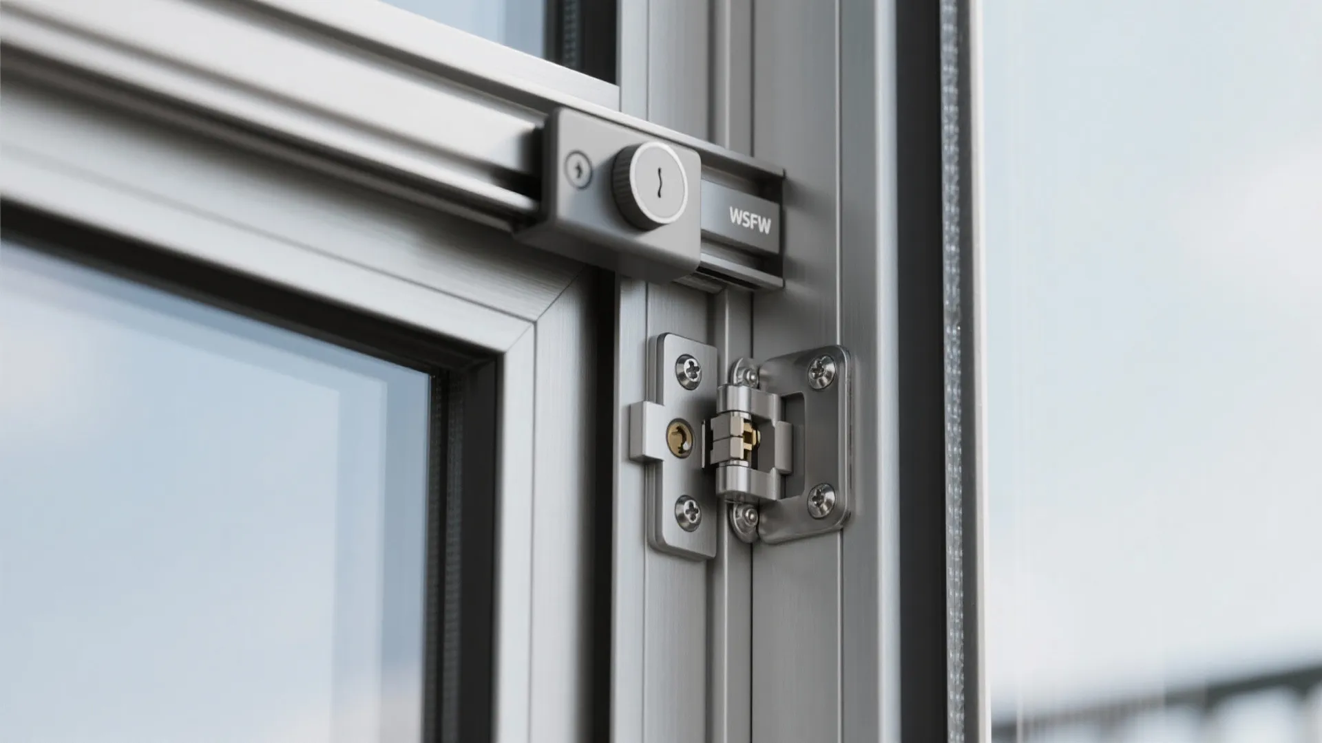 Macro view of a reinforced sliding door with multi-point lock, pin lock, and security film edge.