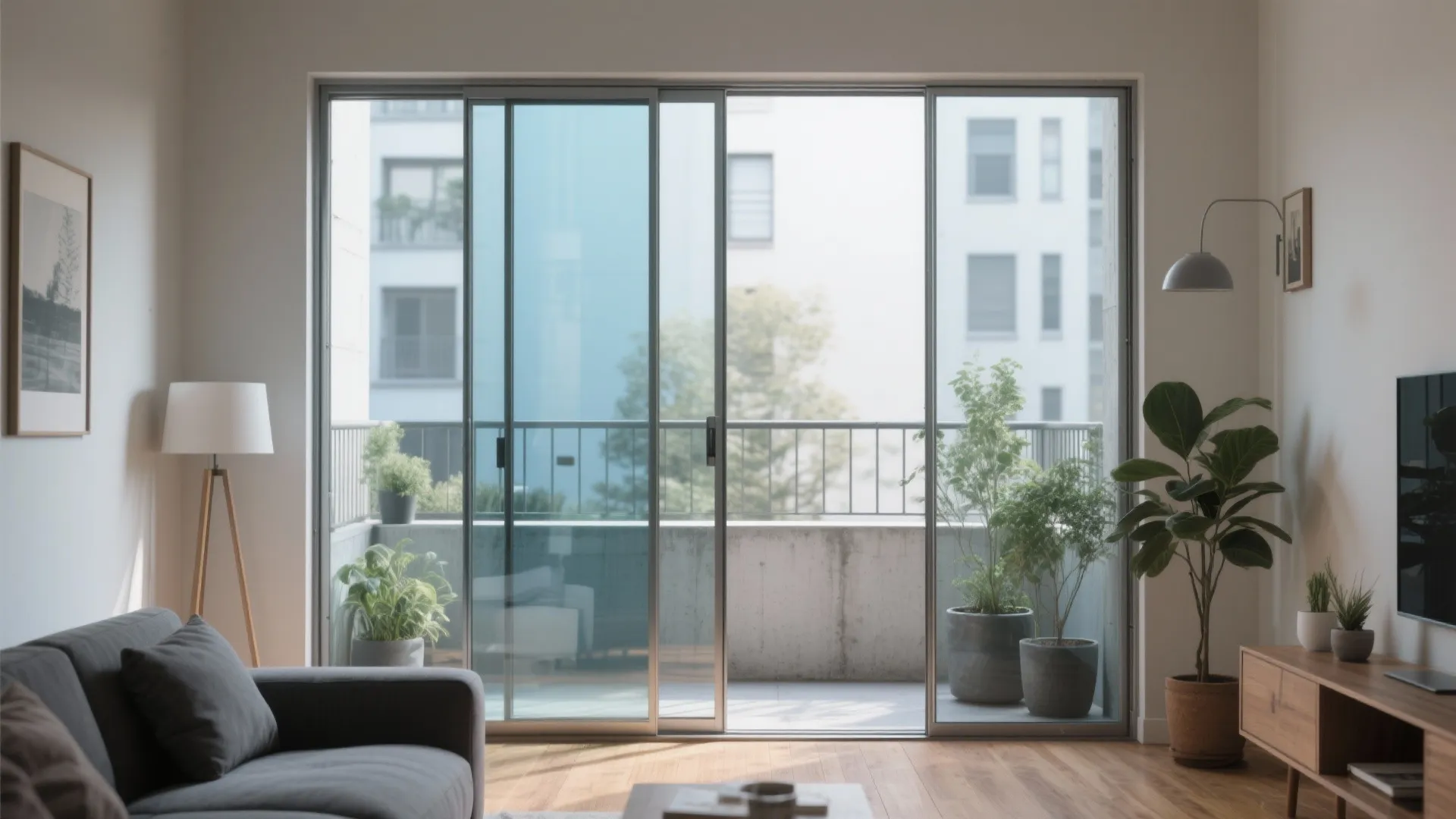 Modern living room with grey sofa wooden floor and sliding glass balcony doors with plants