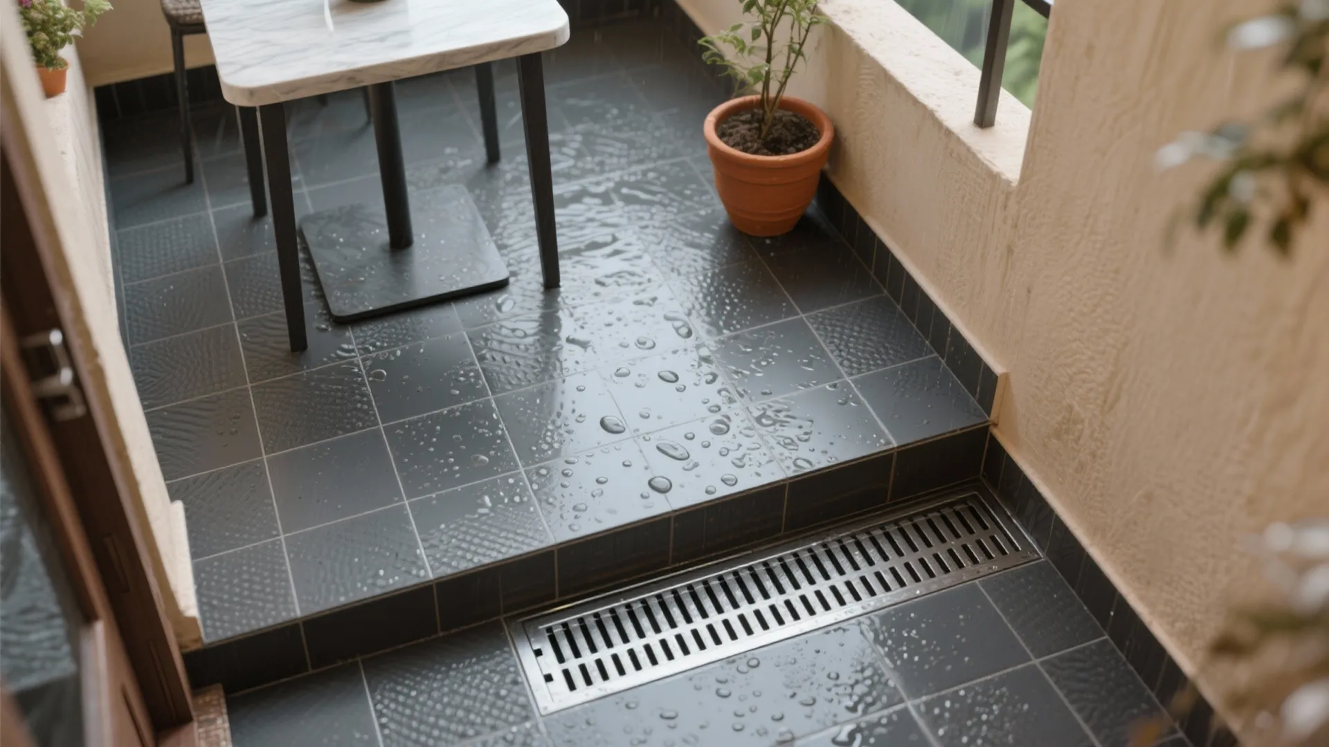 Grey tiled balcony floor with water drops showing long metal floor drain and small potted plant