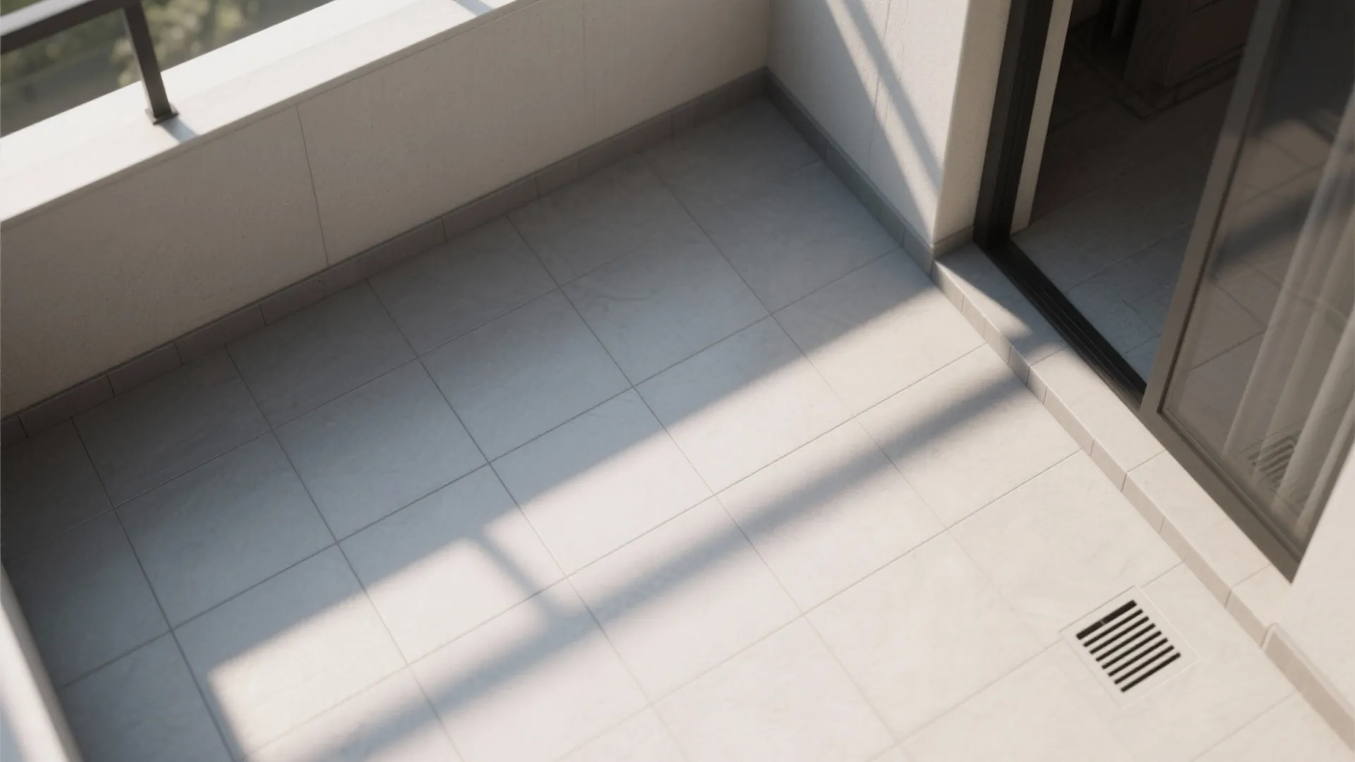 High angle view of a balcony corner with white floor tiles sliding door and metal drain