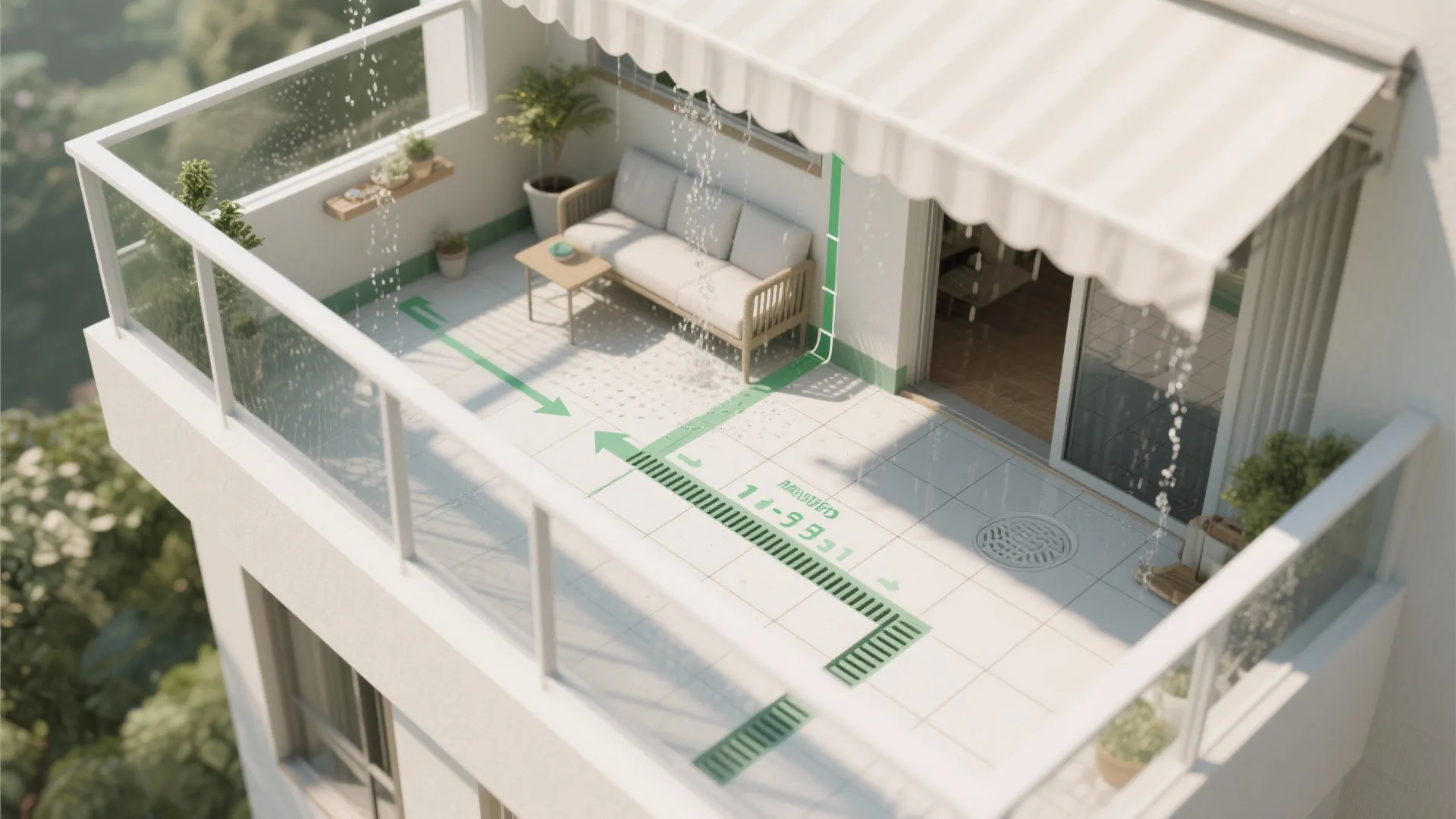 Diagram of a balcony drainage system showing water flow and floor grates for rain management