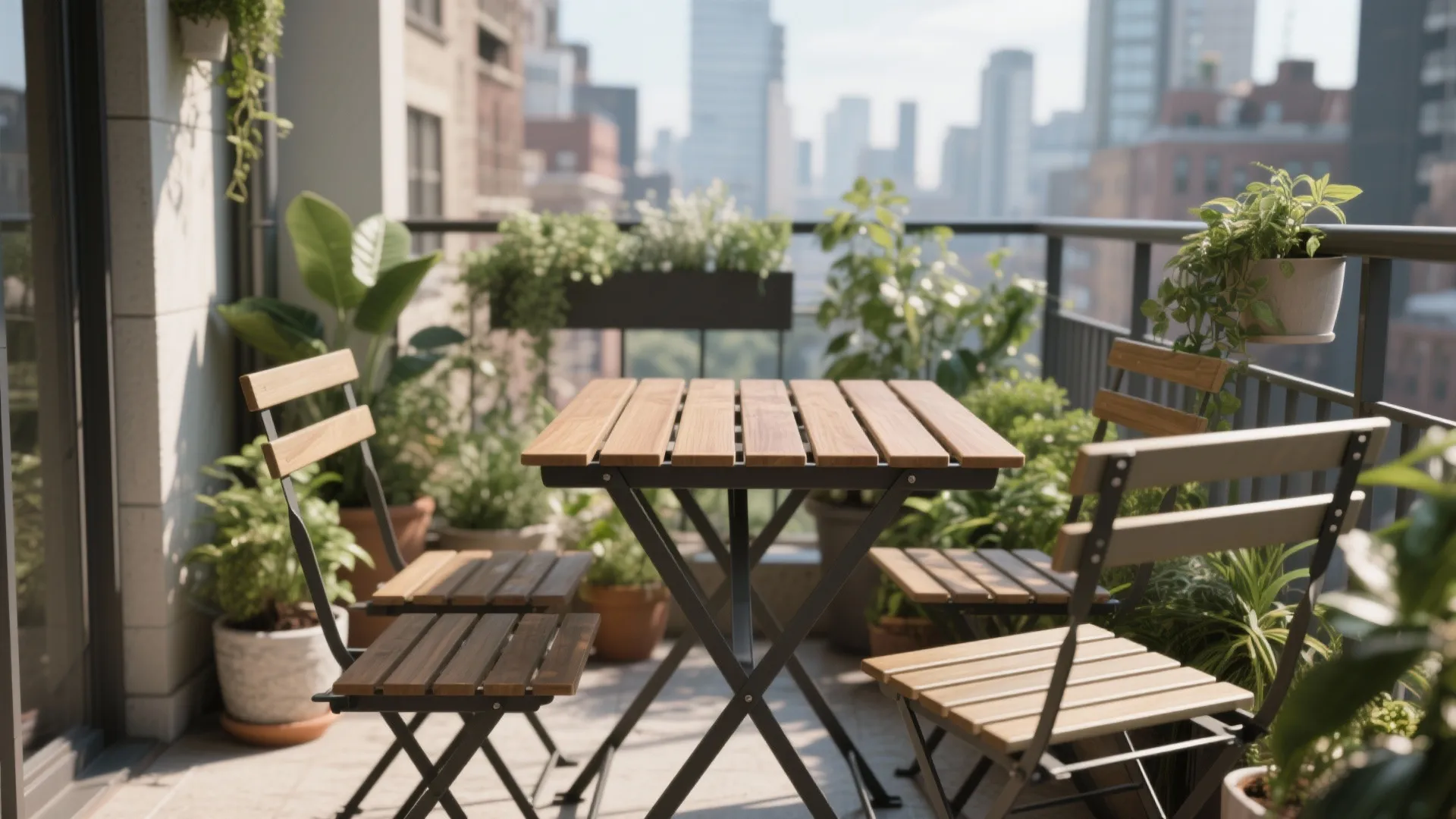 Outdoor teak drop leaf table with metal chairs on balcony