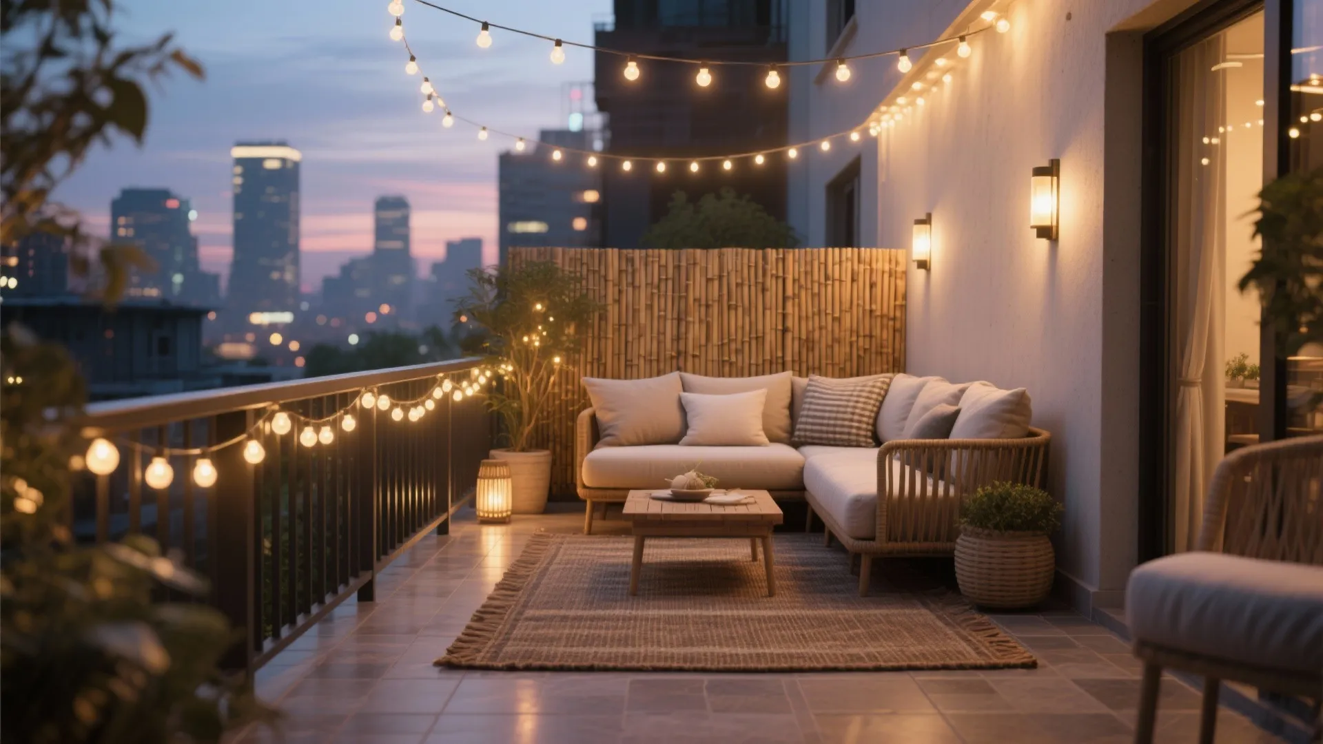 Dusk balcony with warm string lights, wall sconces, outdoor rug, cushions, and bamboo screen.