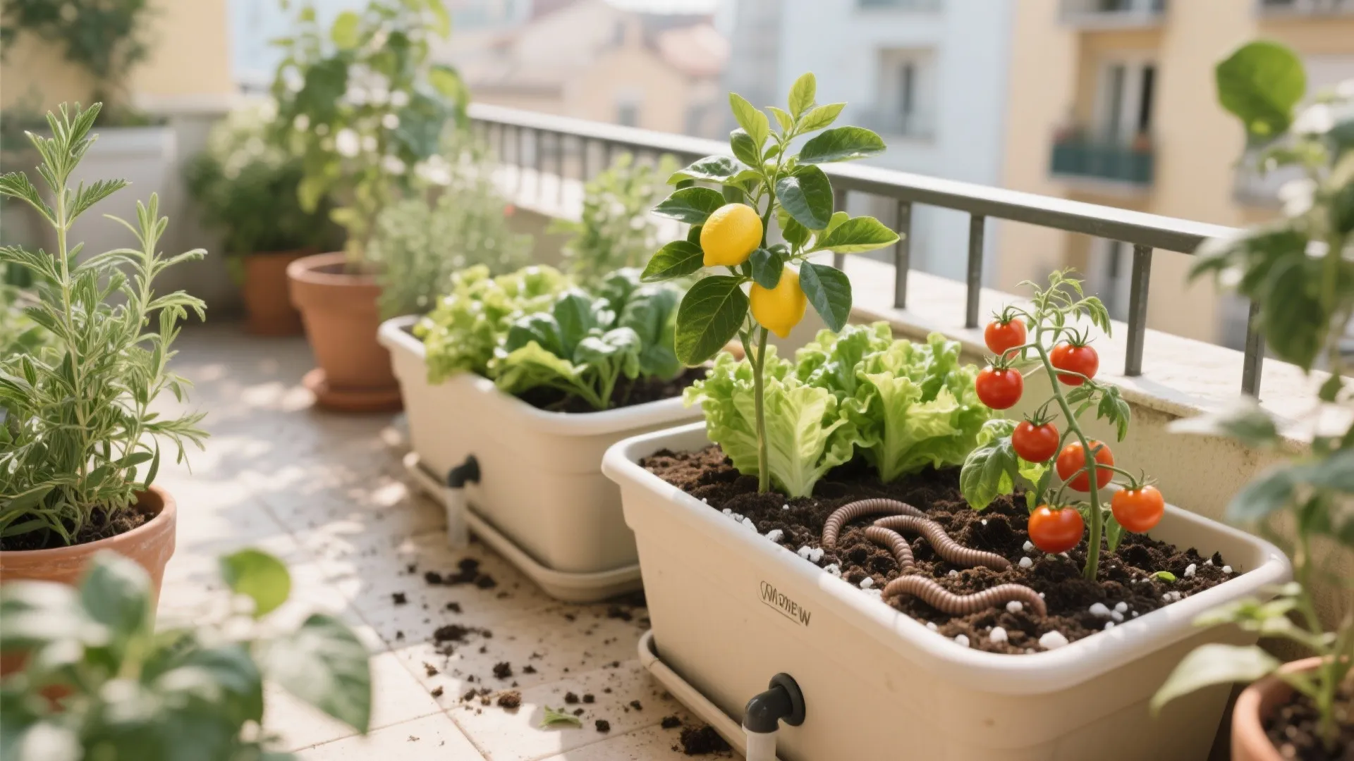 Sunny balcony garden featuring lemon tree cherry tomatoes green lettuce and worm in white planters