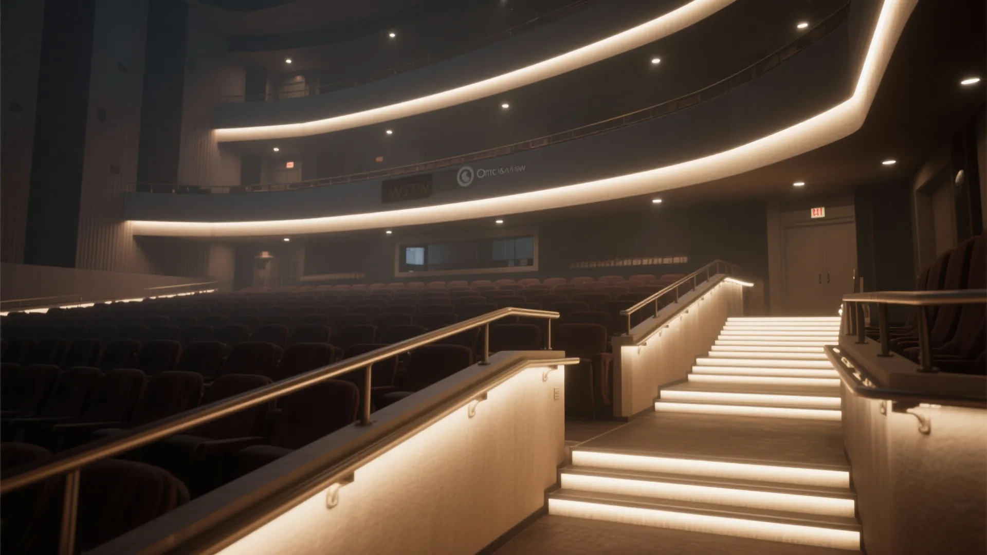 Balcony aisles with continuous handrails and warm, low-luminance step lights guiding egress.