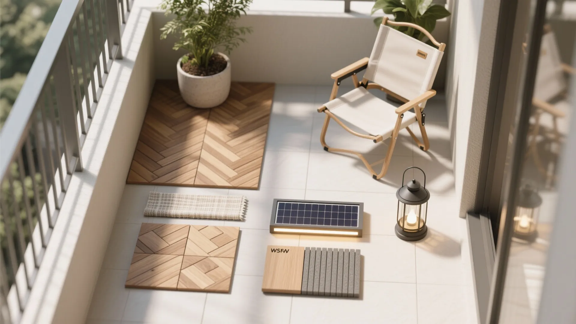 Folding outdoor chair with wood floor samples solar panel and lantern on a white balcony