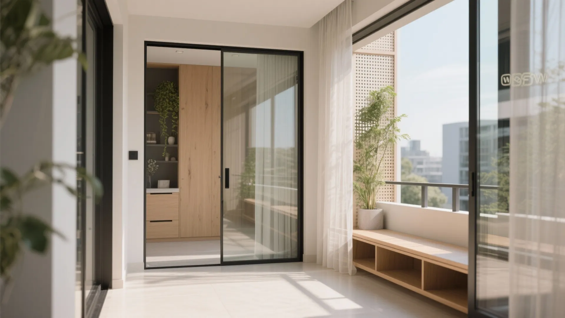 Cohesive balcony entrance with frameless glass, pocket door, storage bench, layered privacy, plants, and warm materials.