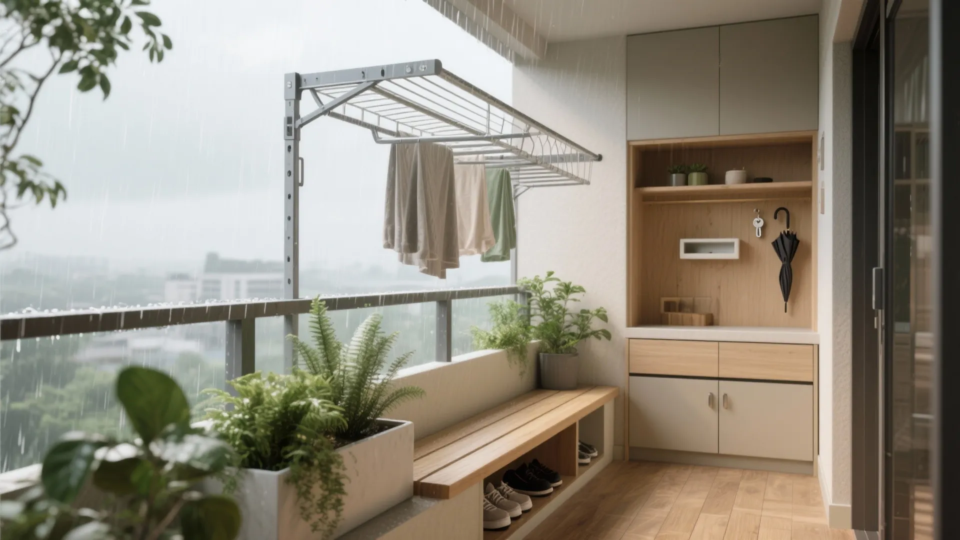 Balcony Utility + Entry Niche: Monsoon-Savvy, Work-From-Home Ready