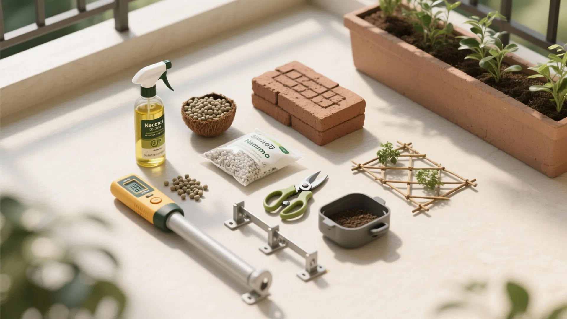 Balcony gardening essentials including spray bottle scissors bricks seeds soil and a long wooden planter