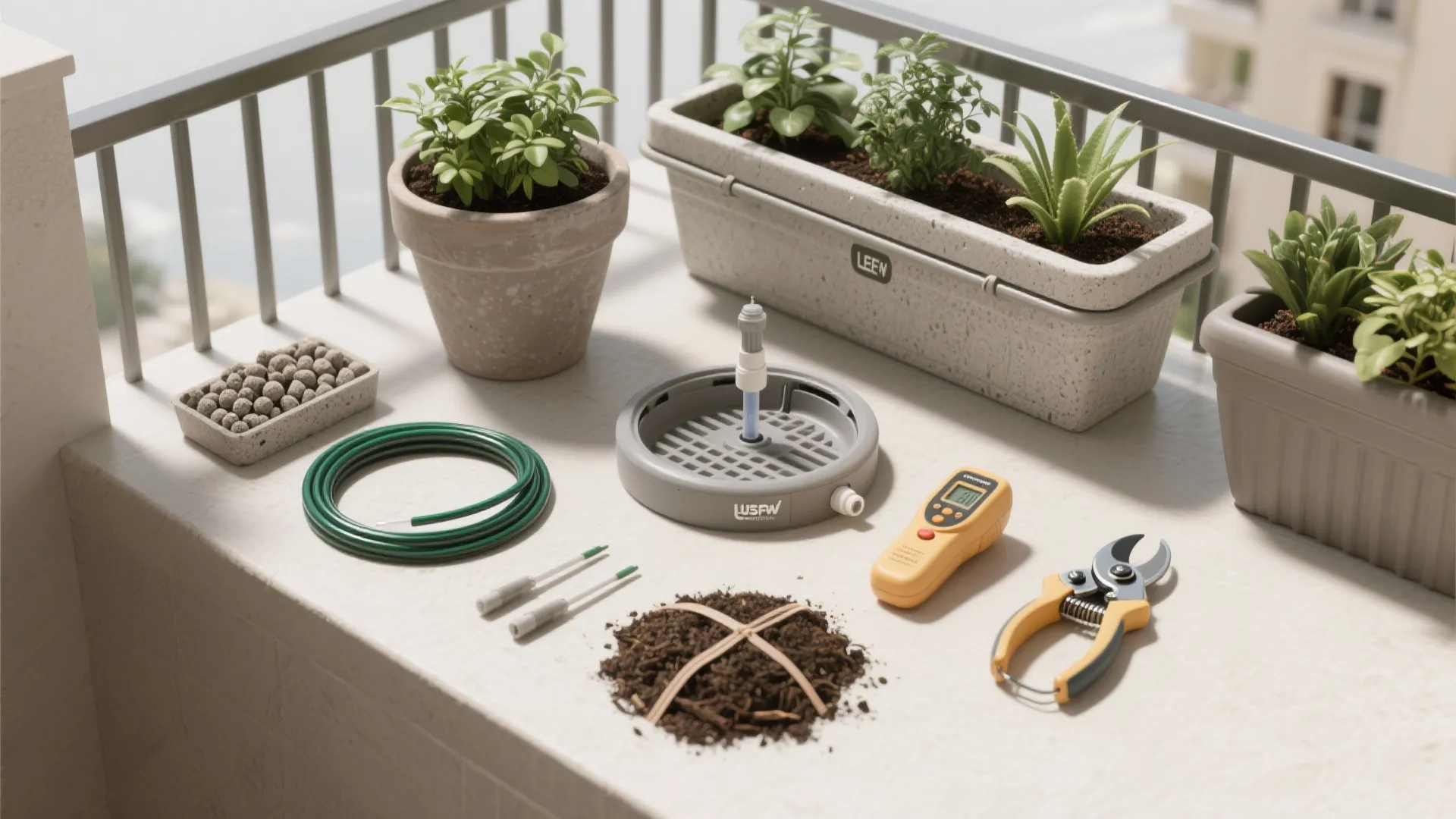 Flatlay of balcony gardening essentials including inserts, drip line, LECA, and lightweight pots.